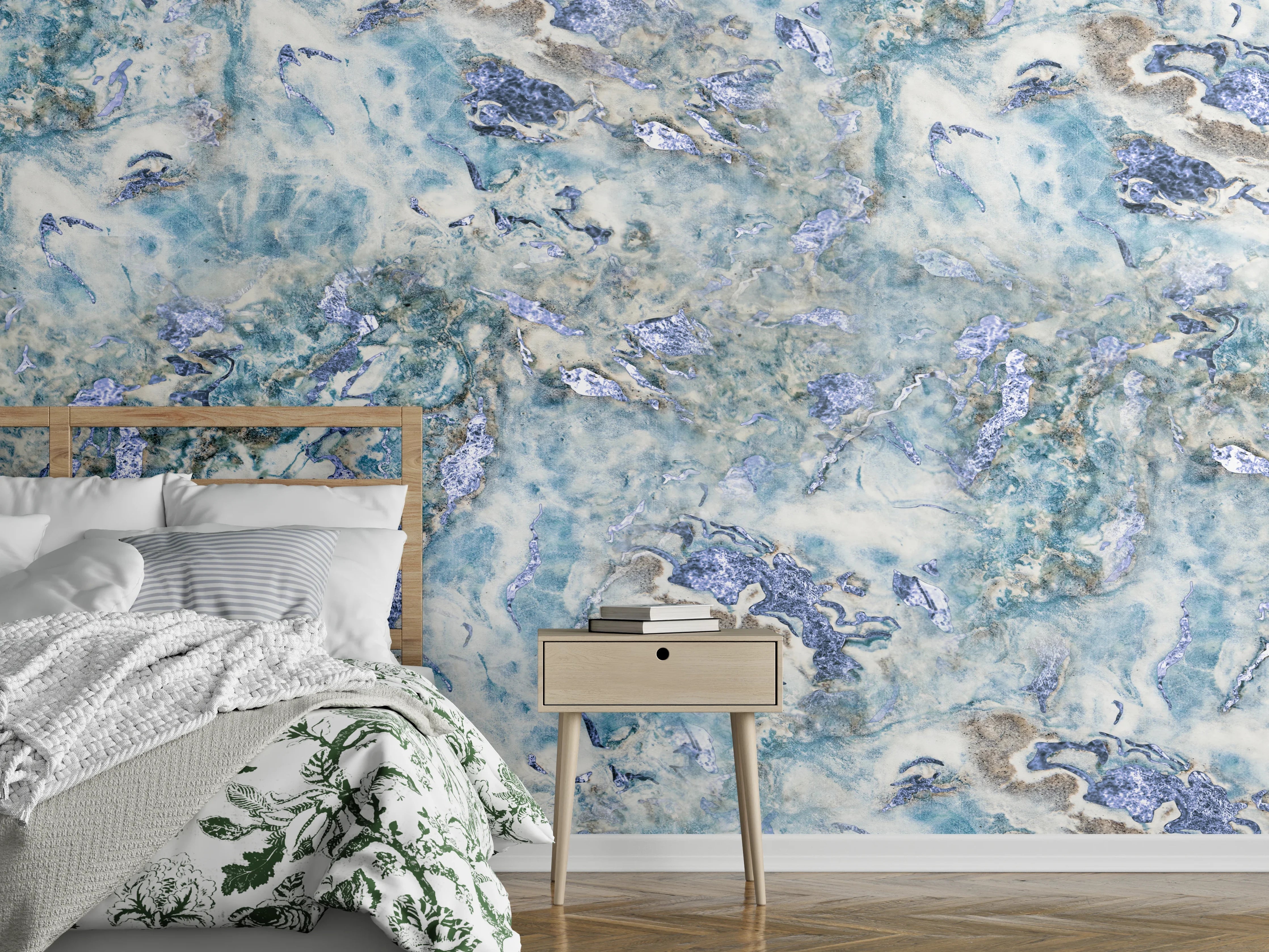 Wandverkleidung Schlafzimmer - Luxus-Marmoroptik in Blau und Grau