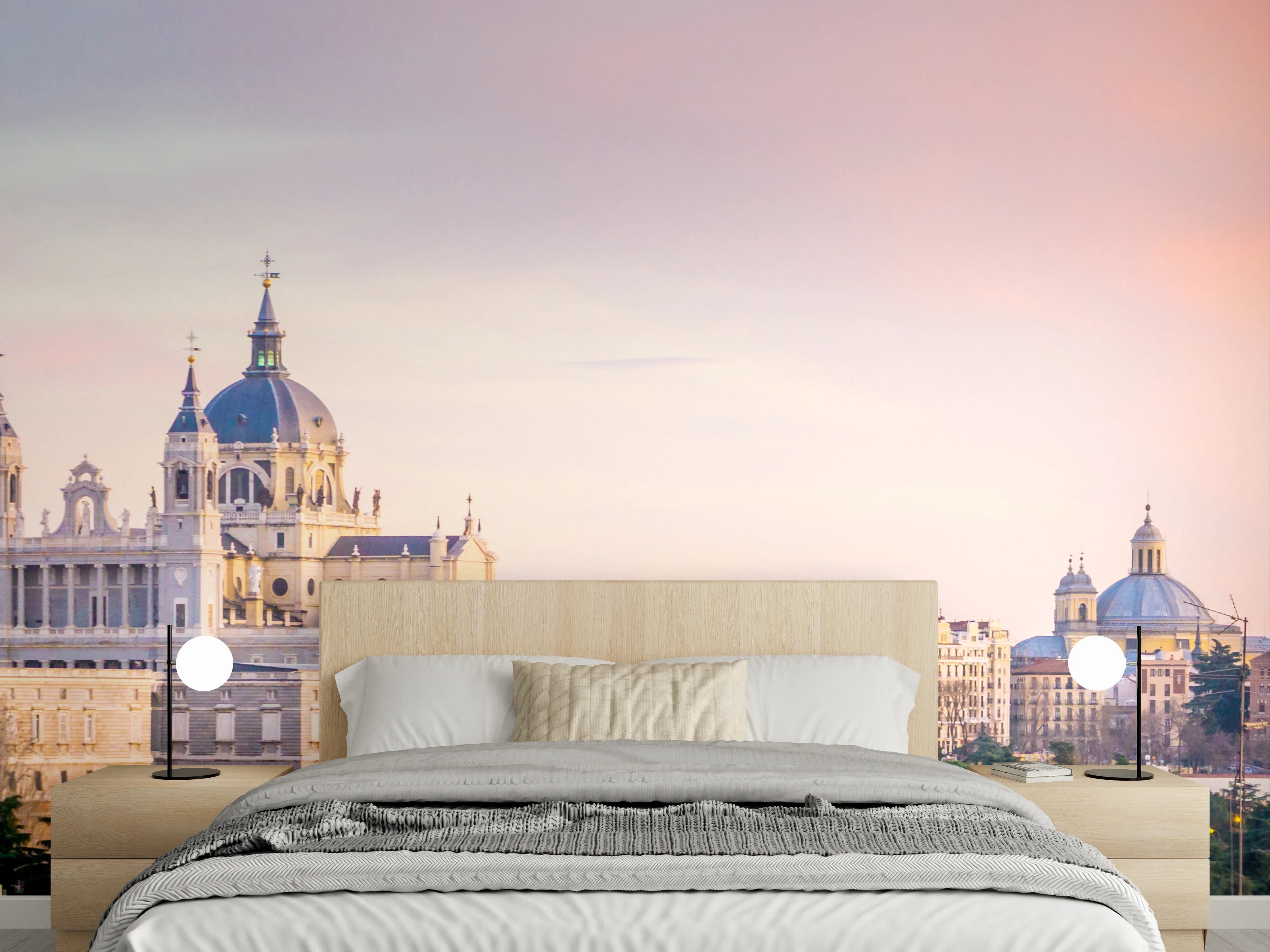 Wandverkleidung Schlafzimmer - Madrid Skyline bei Sonnenuntergang