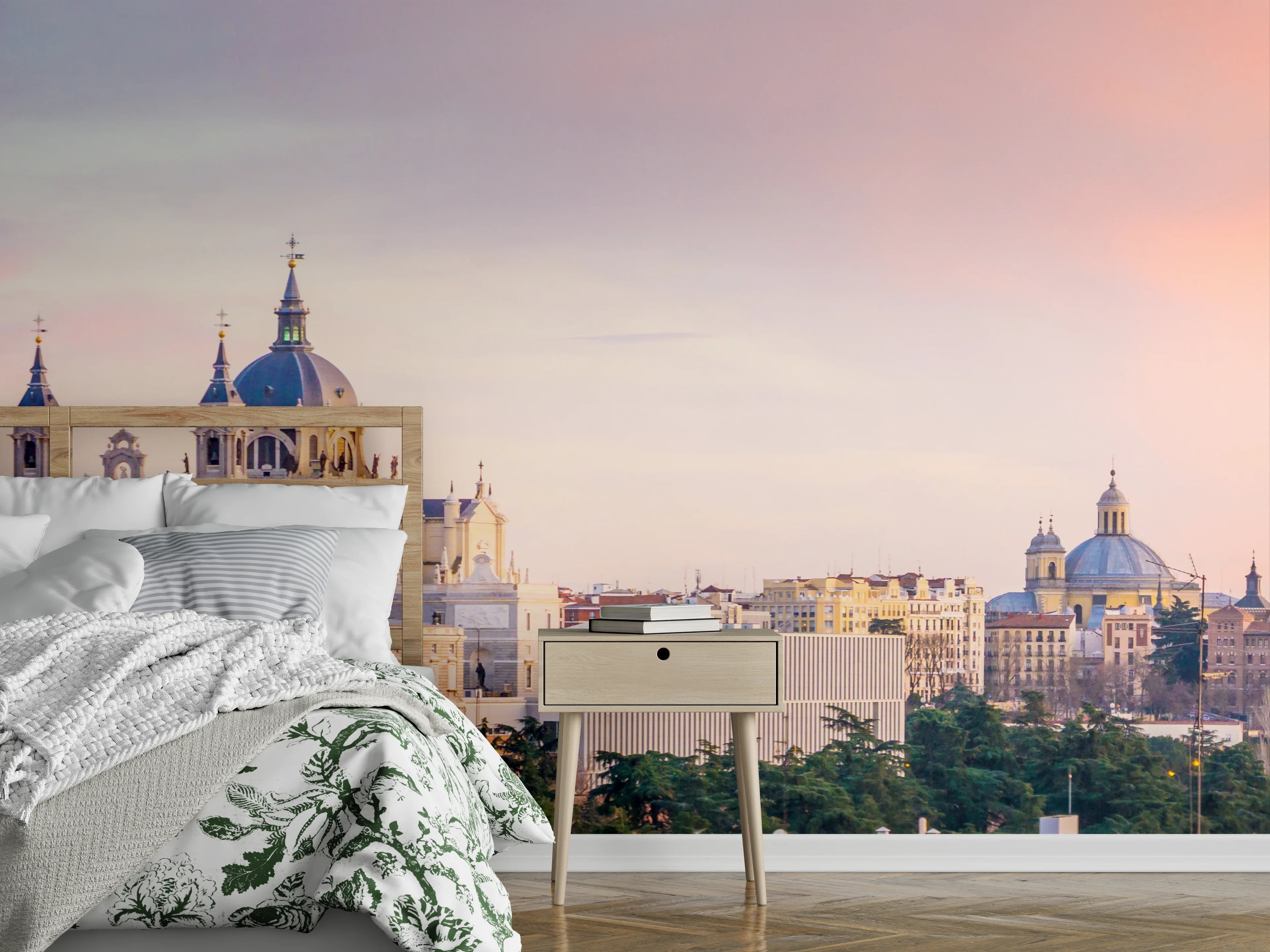Wandverkleidung Schlafzimmer - Madrid Skyline bei Sonnenuntergang
