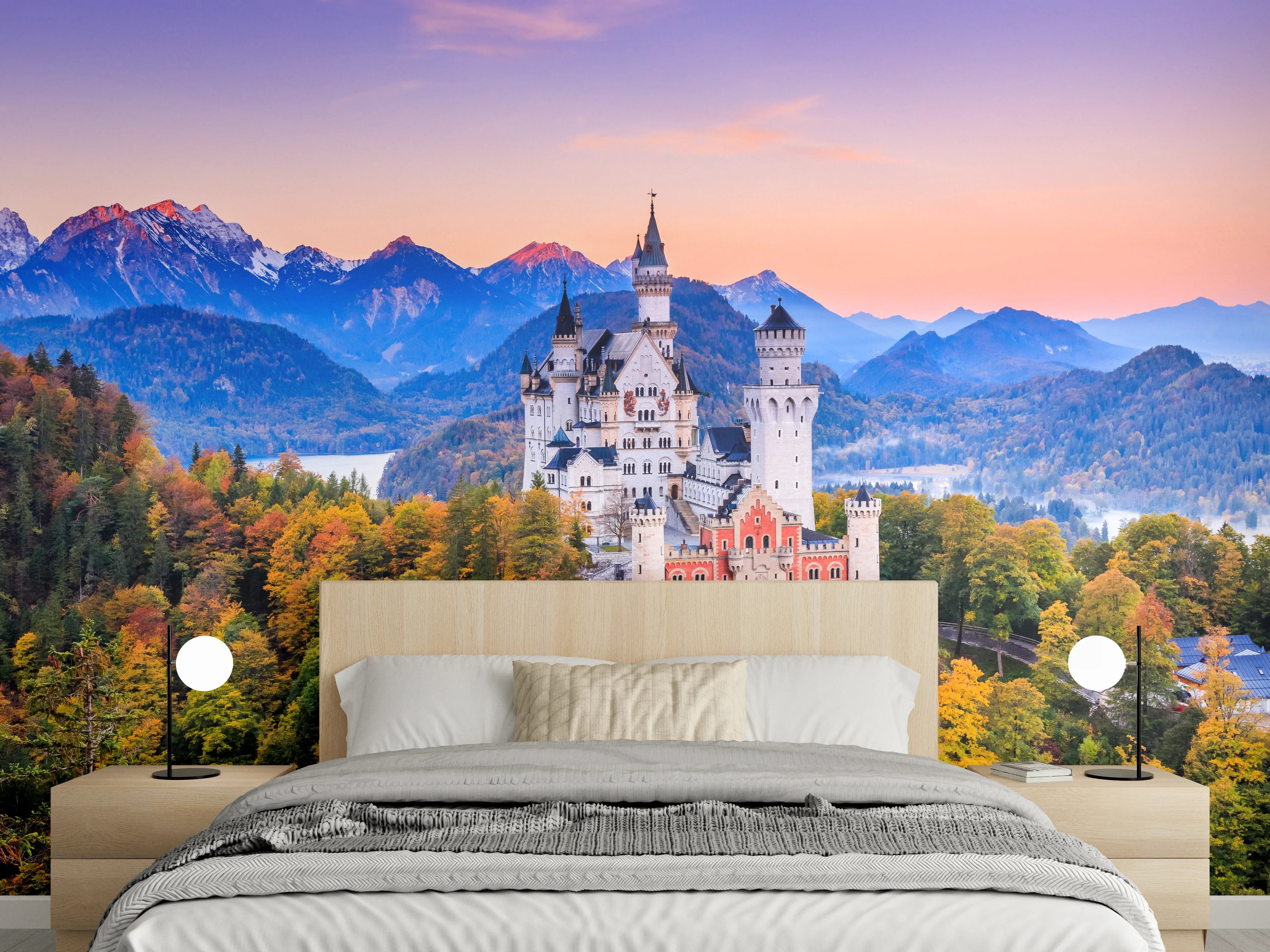 Wandverkleidung Schlafzimmer - Märchenschloss Neuschwanstein bei Sonnenuntergang