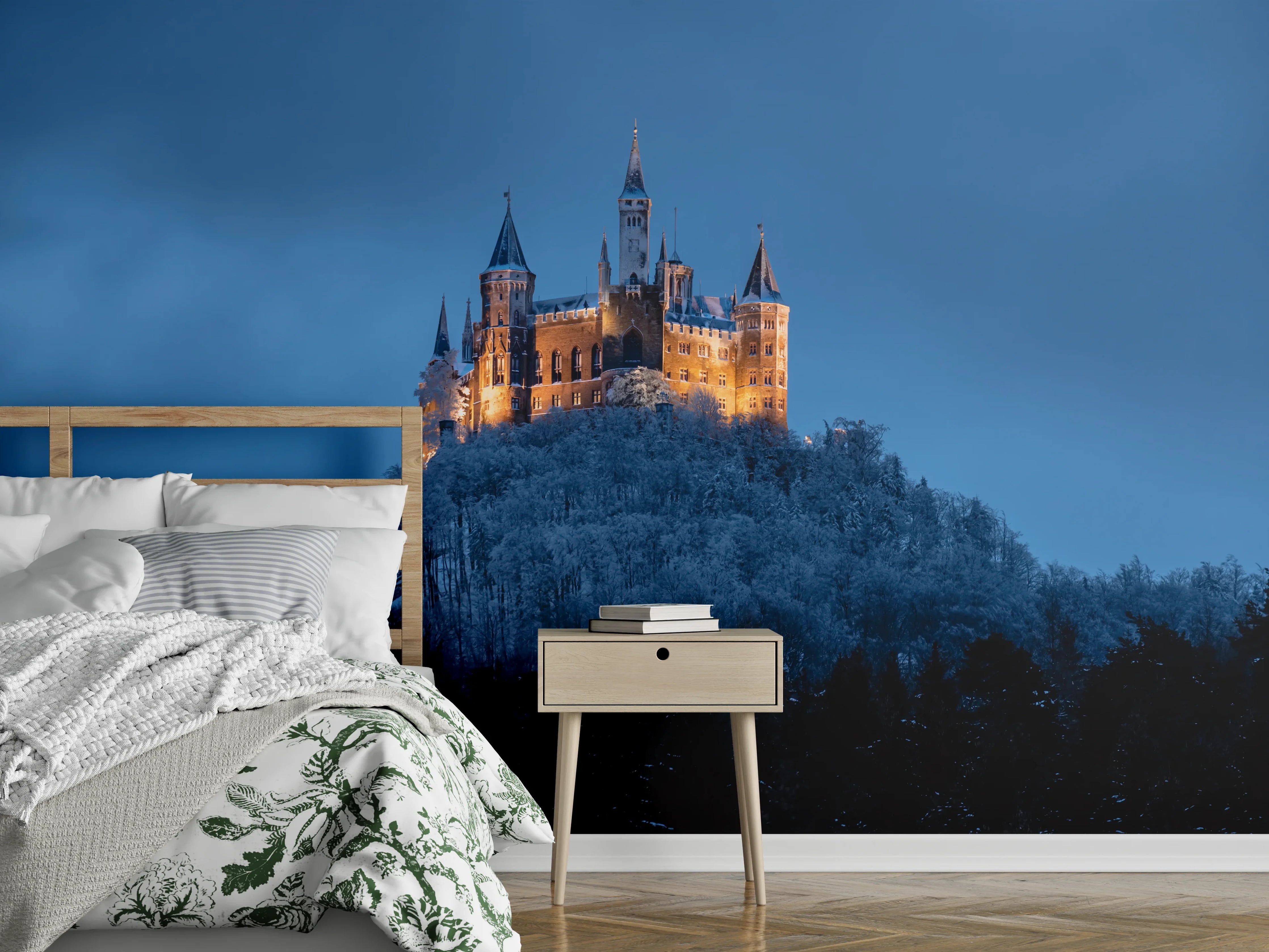 Wandverkleidung Schlafzimmer - Märchenschloss im Winter bei Nacht