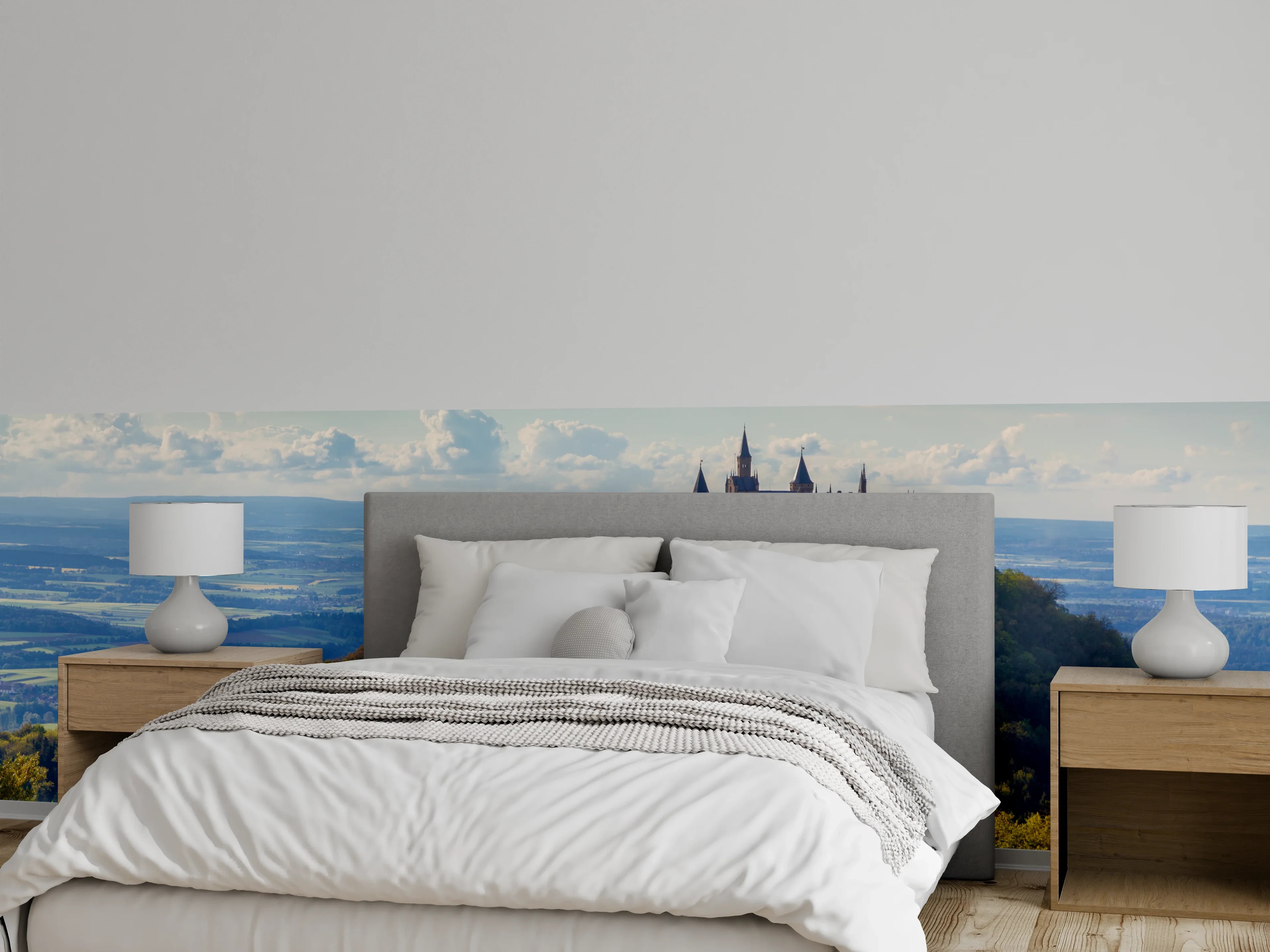 Wandverkleidung Schlafzimmer - Märchenschloss über grünen Hügeln