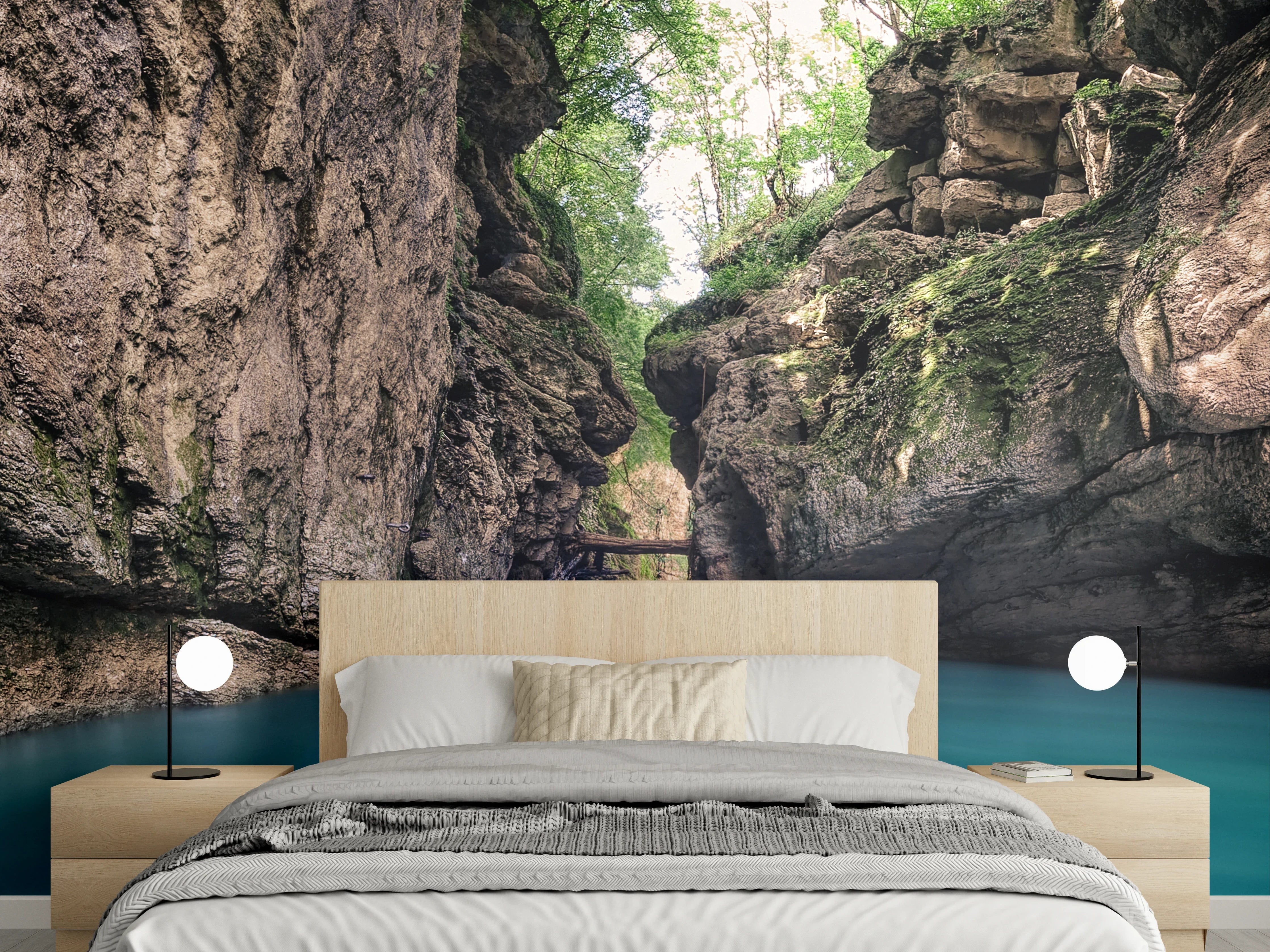Wandverkleidung Schlafzimmer - Magische Felsenschlucht mit türkisblauem Wasser