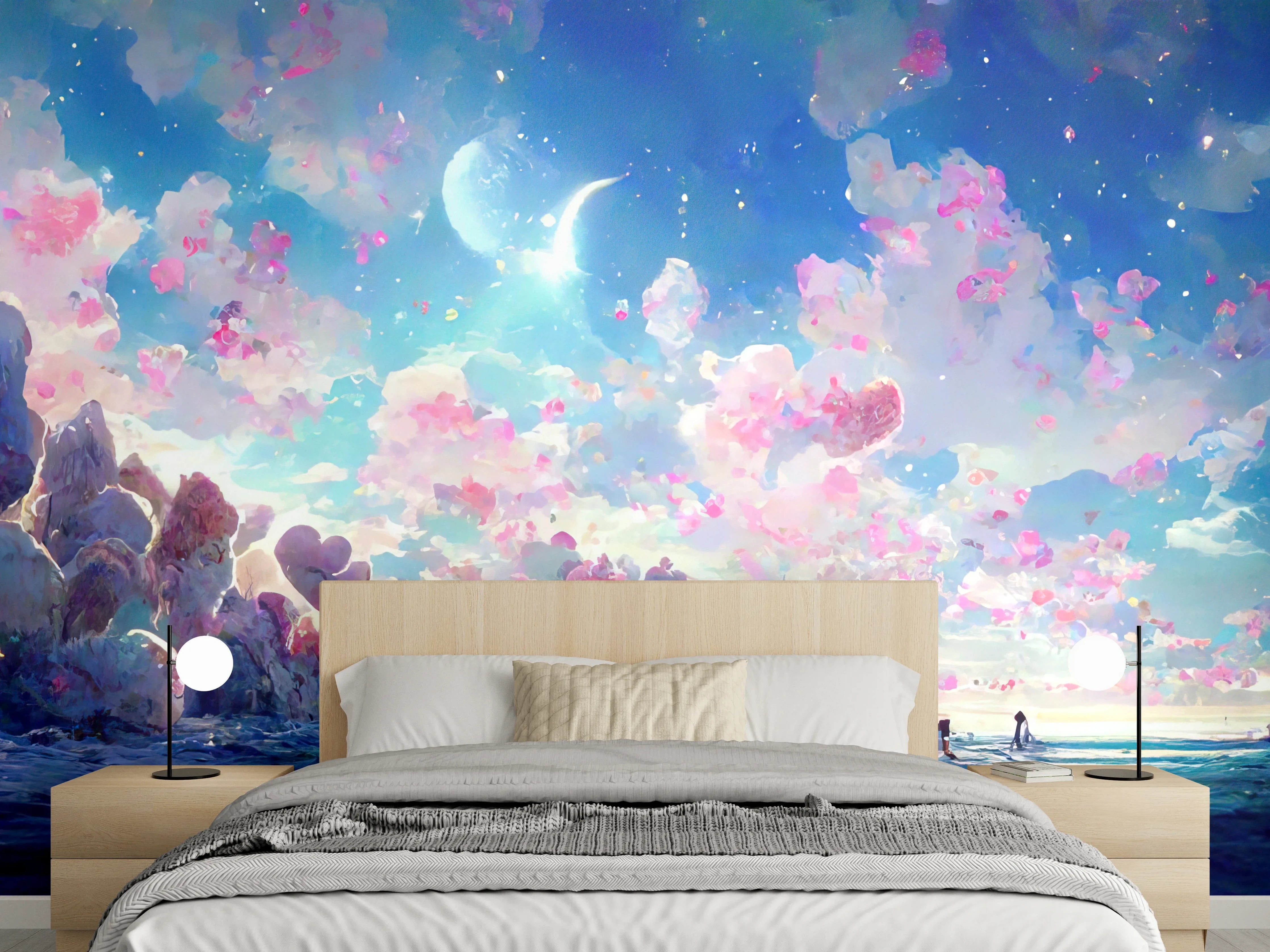 Wandverkleidung Schlafzimmer - Magische Himmelslandschaft Rosa Blau