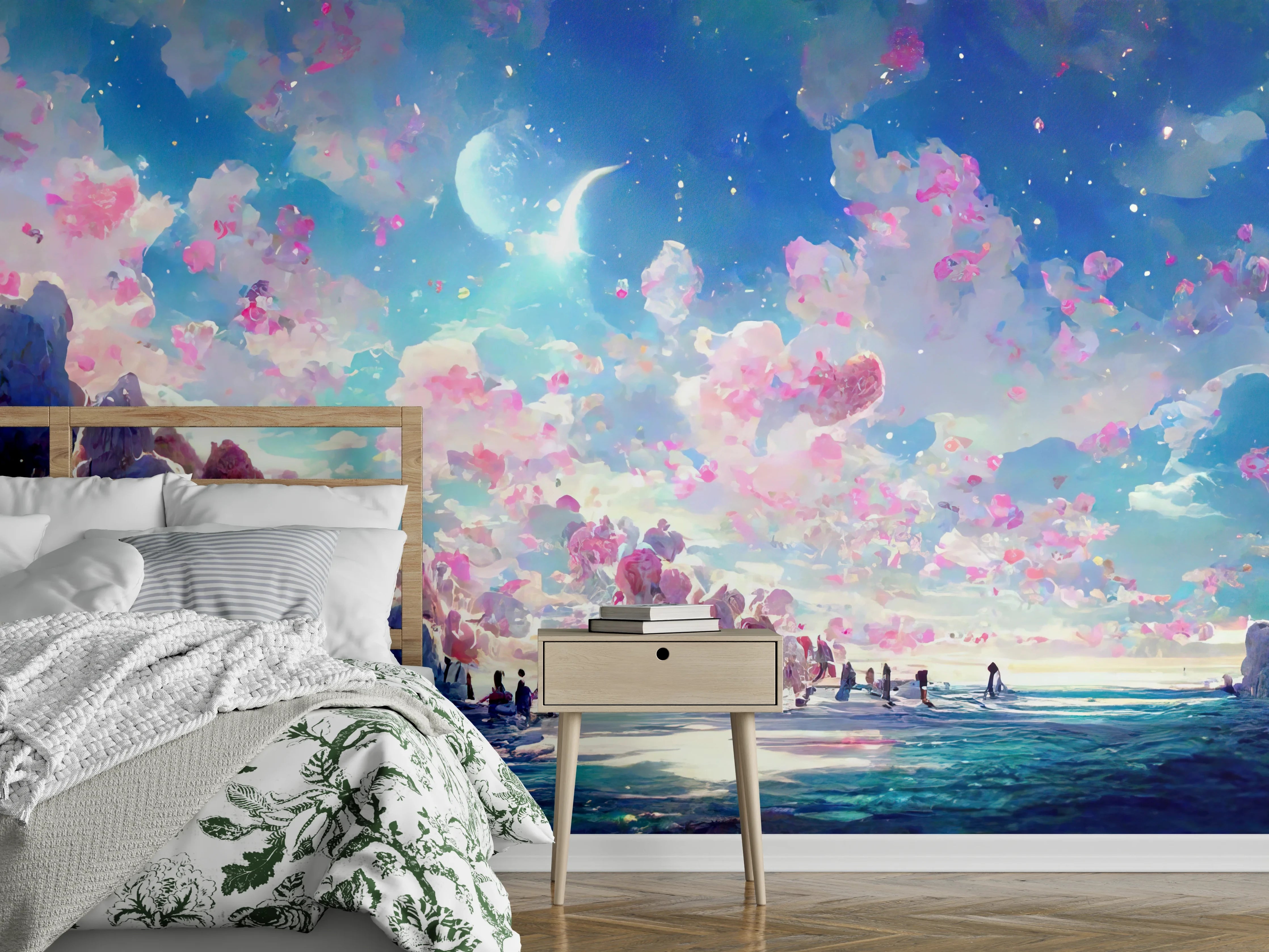 Wandverkleidung Schlafzimmer - Magische Himmelslandschaft Rosa Blau