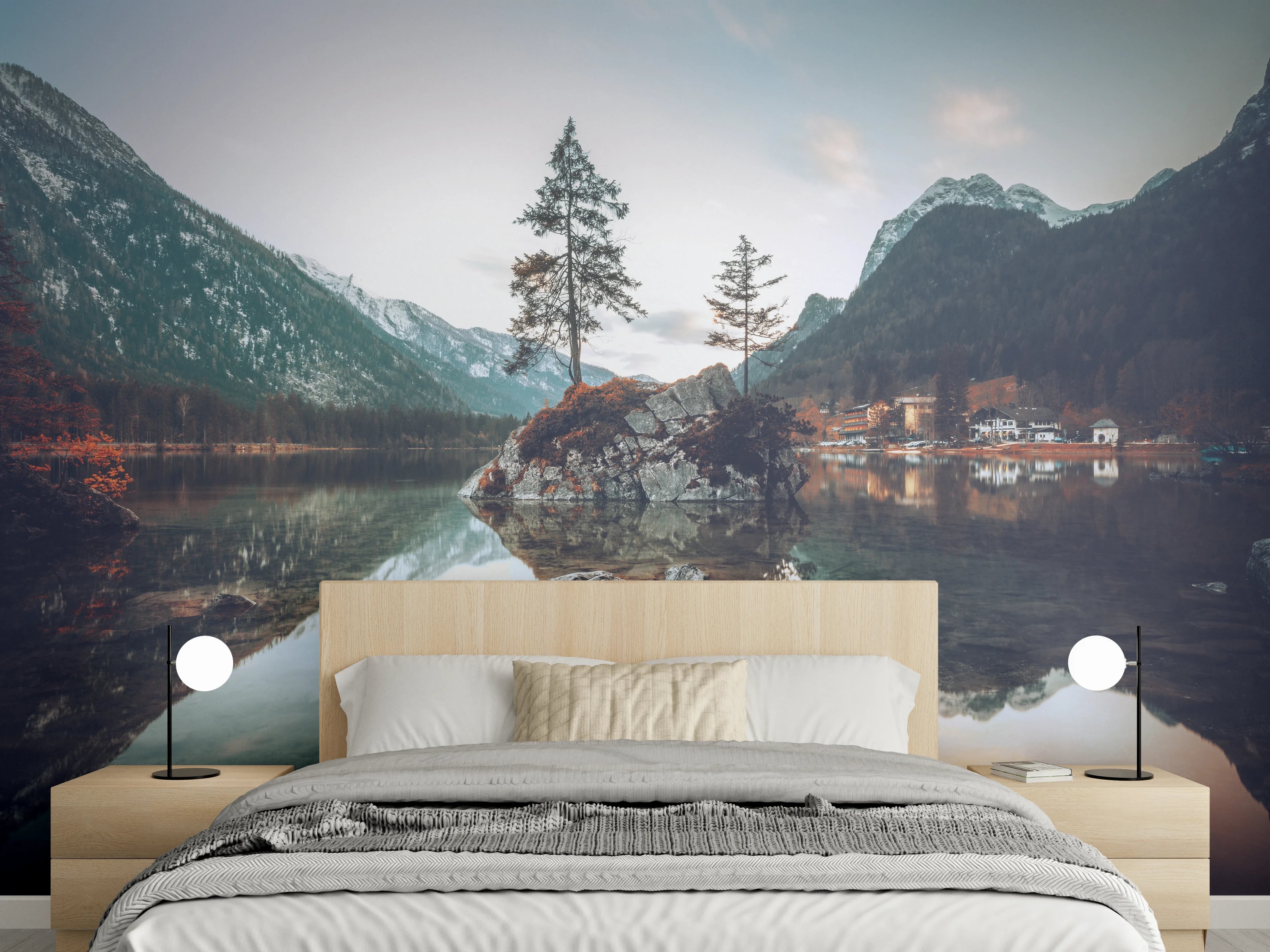 Wandverkleidung Schlafzimmer - Magischer Bergsee mit Spiegelung