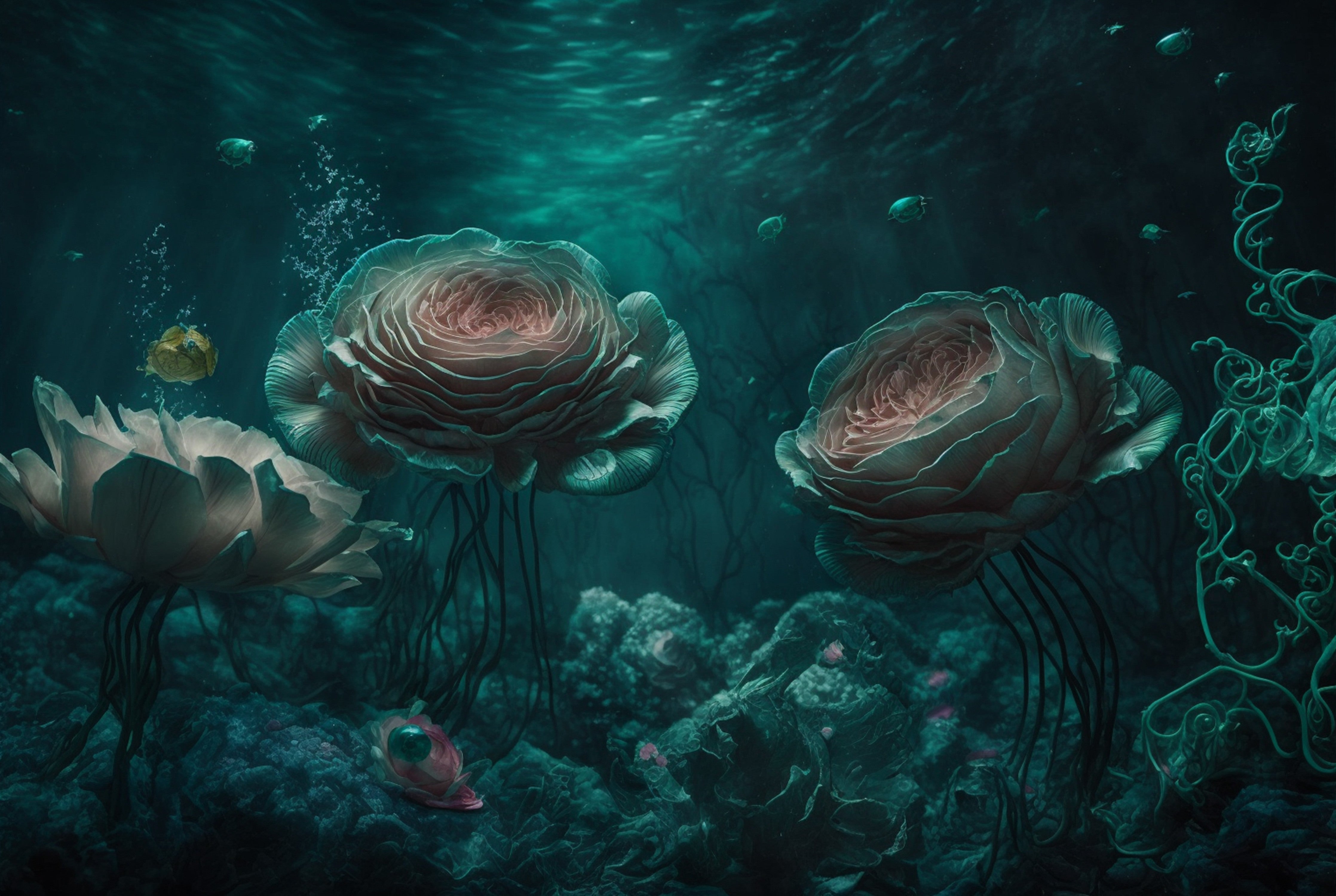 Wandverkleidung Schlafzimmer-Magischer Ozean: Fantastische Unterwasserrosen