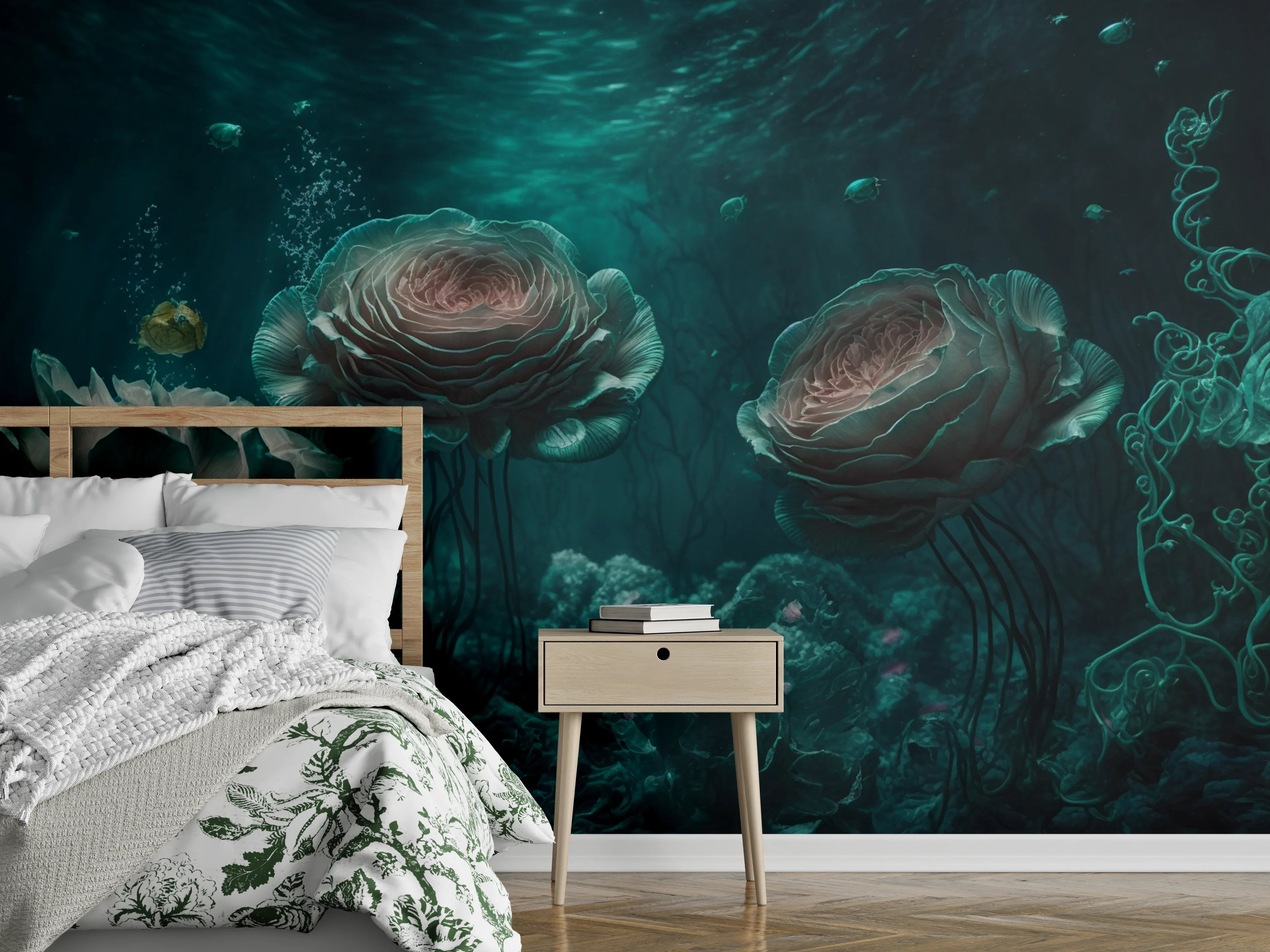 Wandverkleidung Schlafzimmer - Magischer Ozean: Fantastische Unterwasserrosen