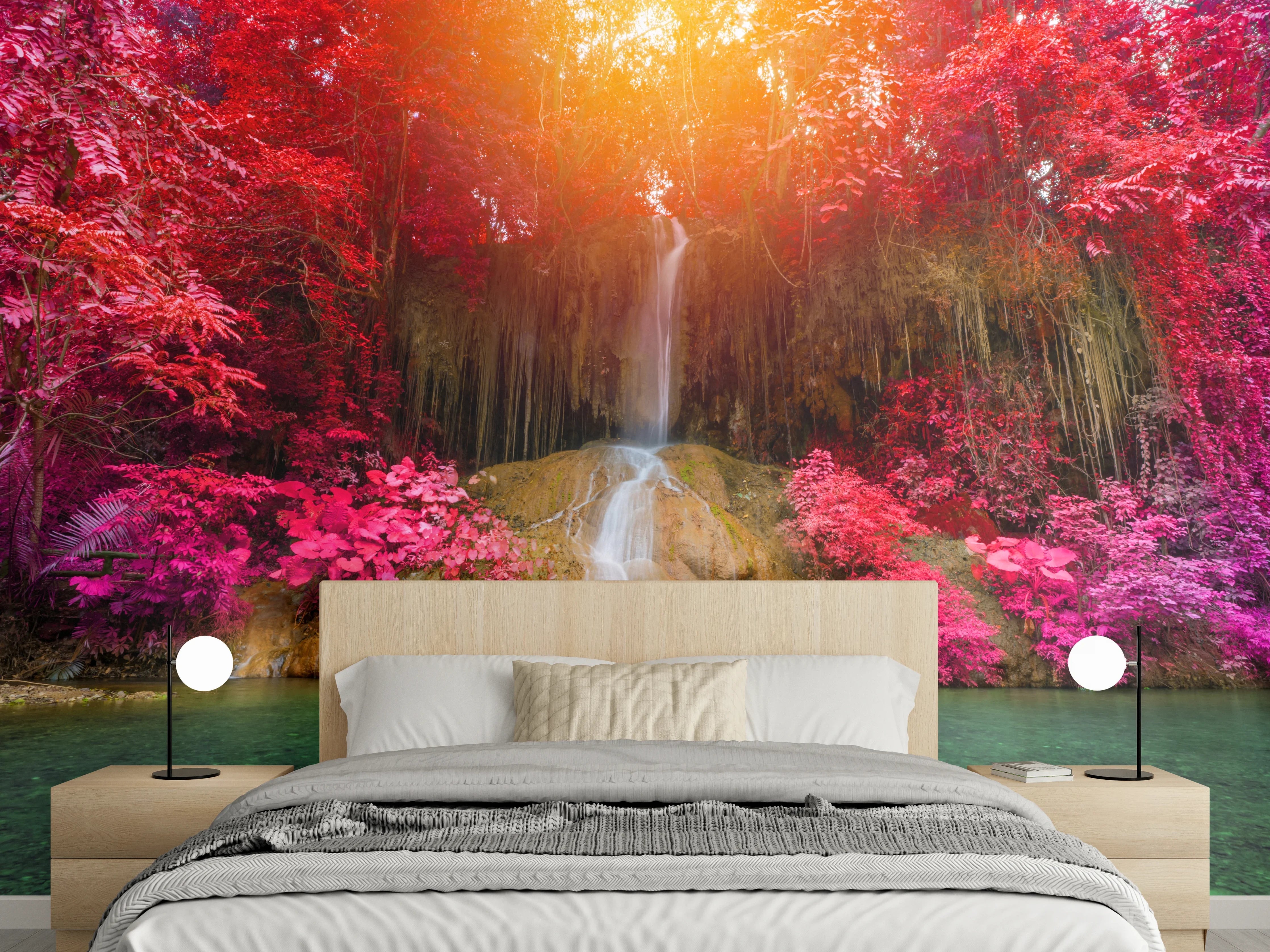 Wandverkleidung Schlafzimmer - Magischer Wasserfall in Farbenpracht