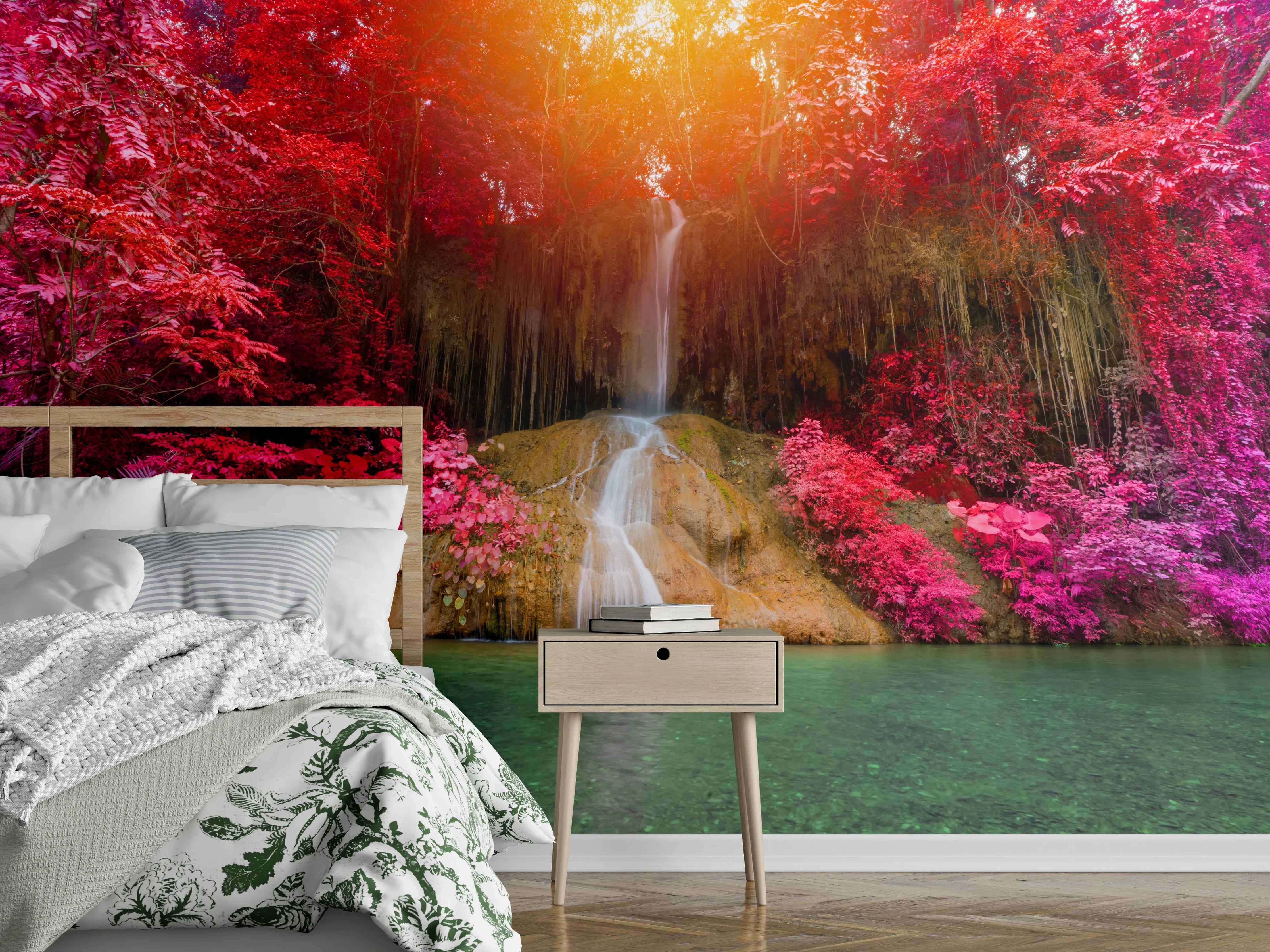 Wandverkleidung Schlafzimmer - Magischer Wasserfall in Farbenpracht
