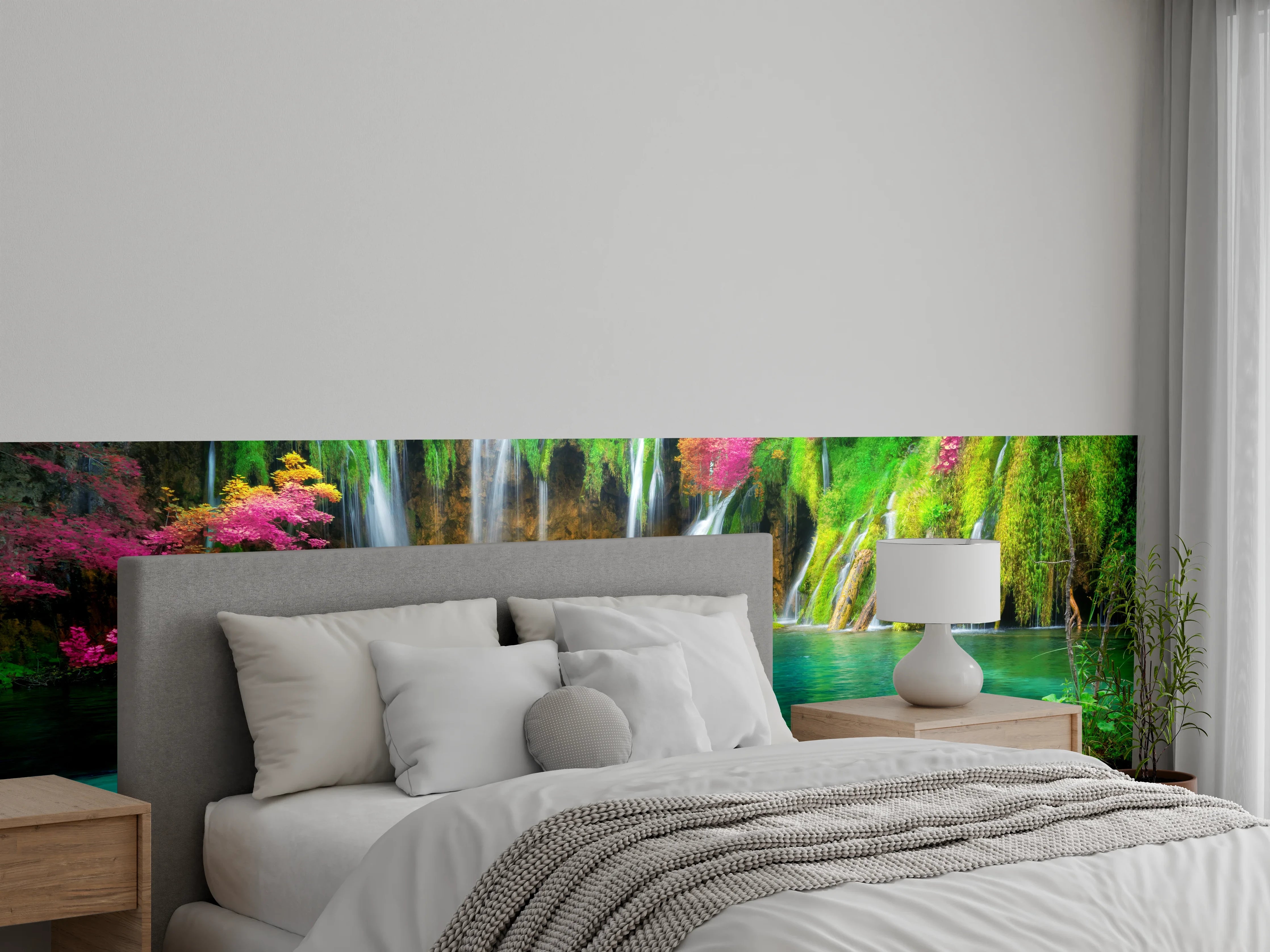 Wandverkleidung Schlafzimmer - Magischer Wasserfall mit leuchtenden Farben