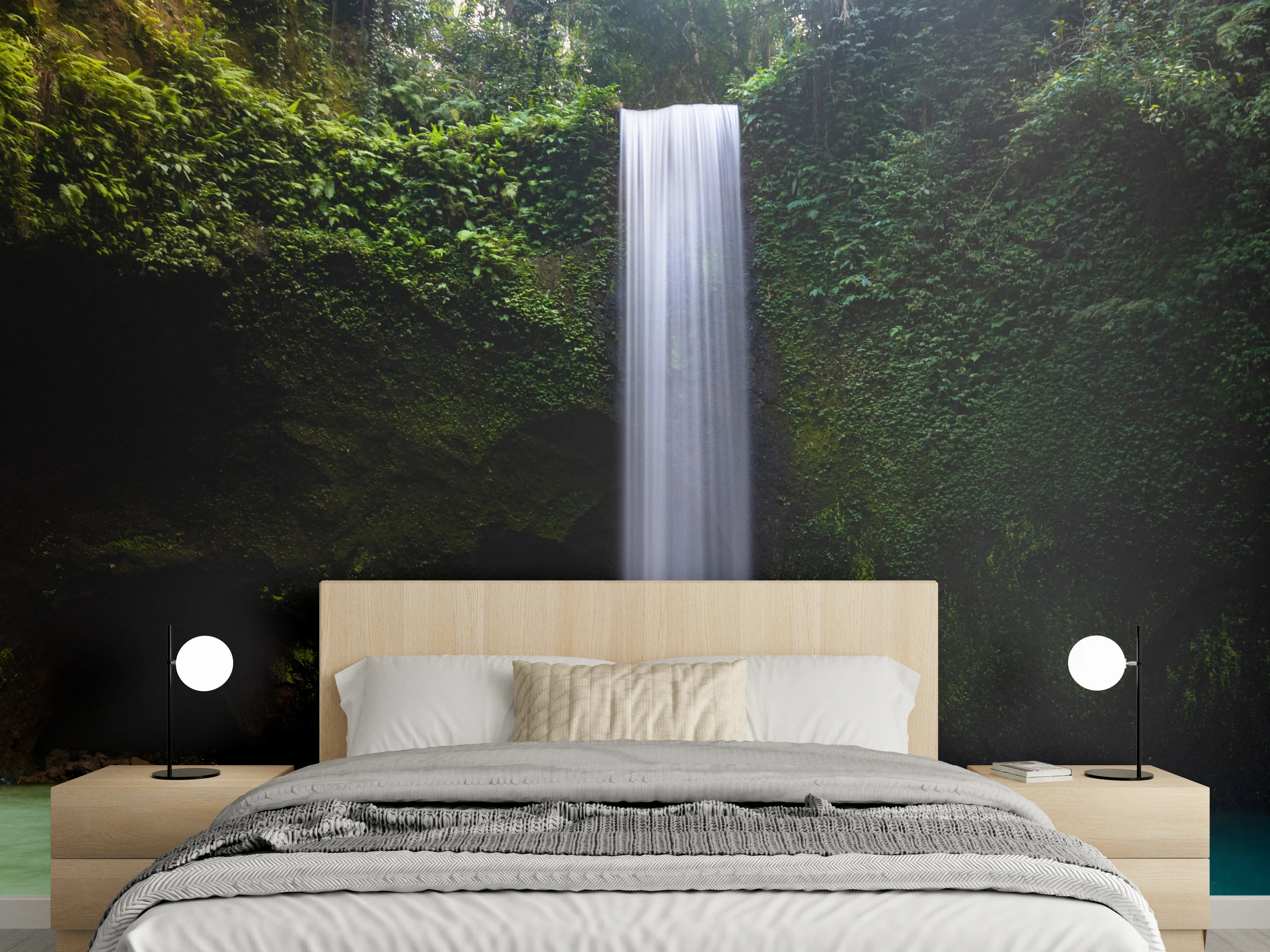 Wandverkleidung Schlafzimmer - Majestätischer Dschungel-Wasserfall Wandbild