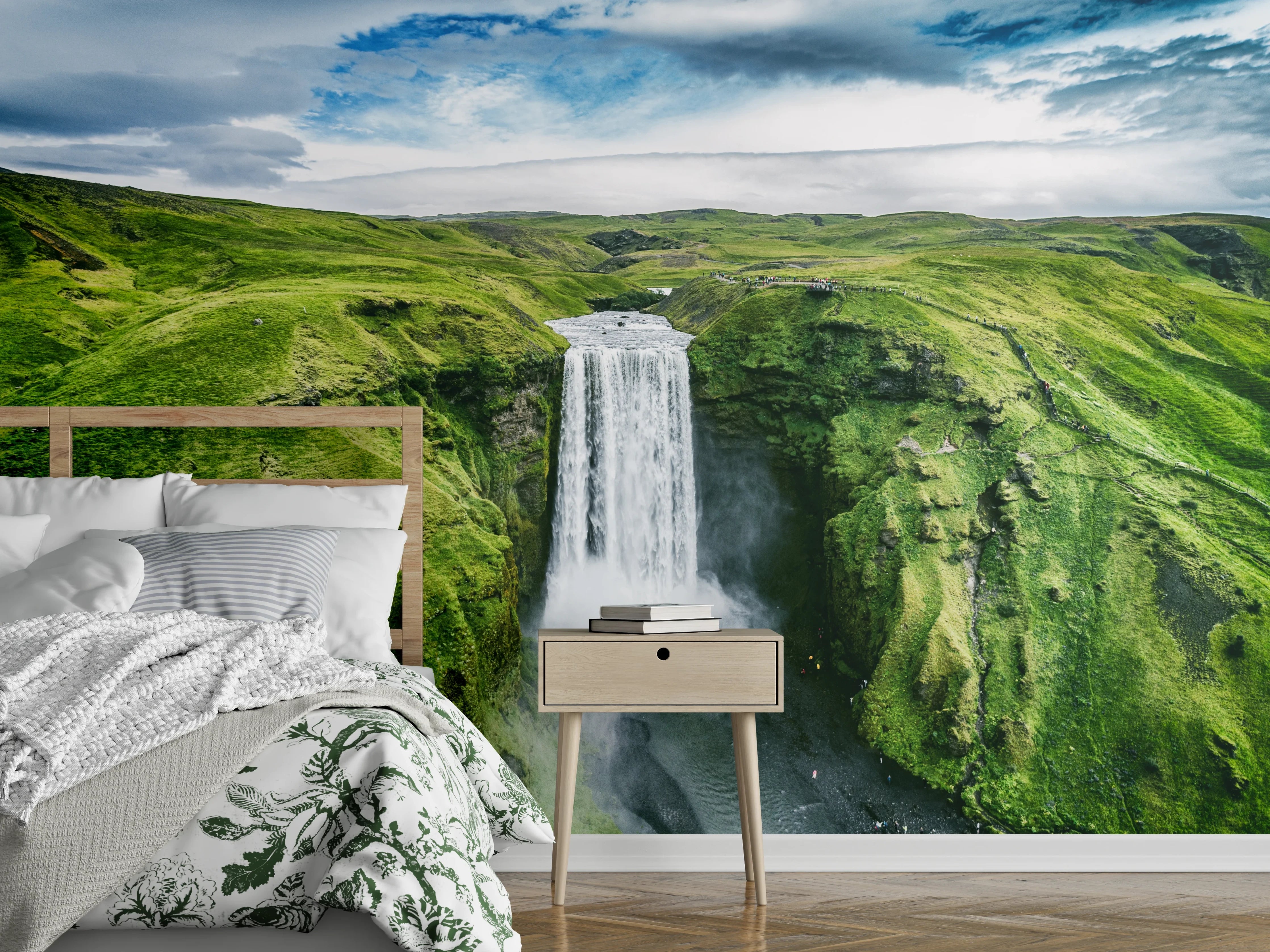 Wandverkleidung Schlafzimmer - Majestätischer Wasserfall Island Sommer