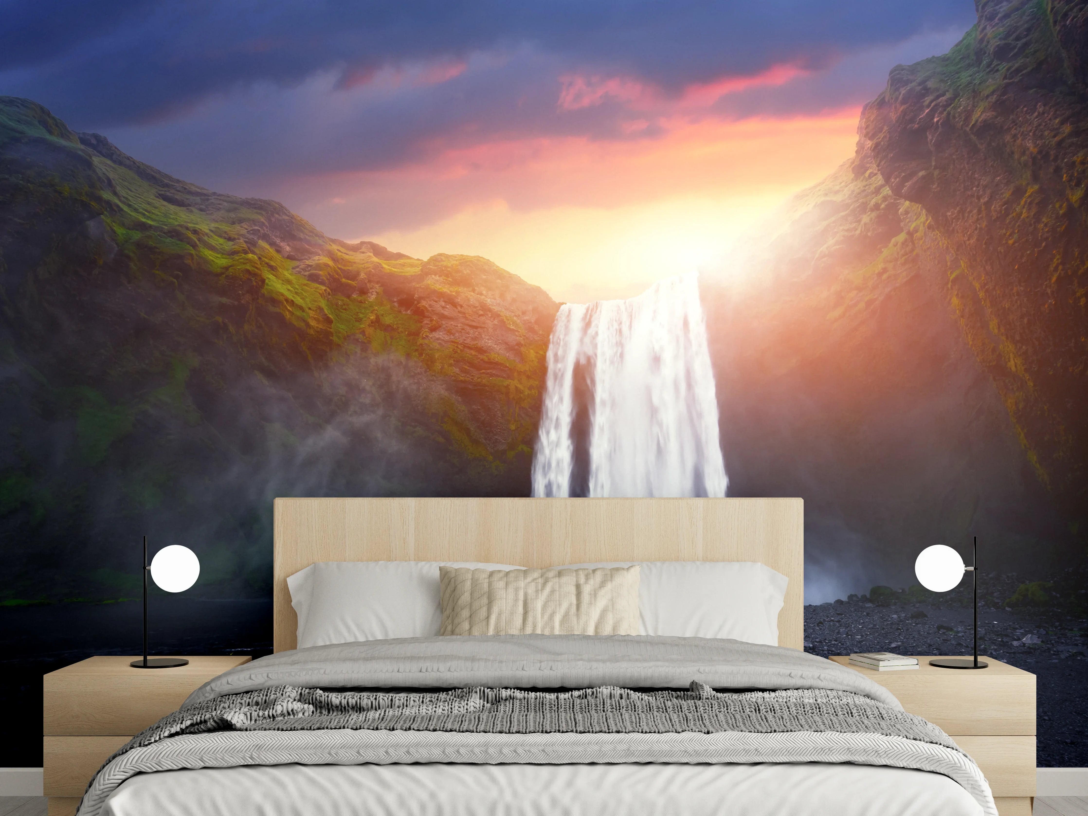 Wandverkleidung Schlafzimmer - Majestätischer Wasserfall Sonnenuntergang