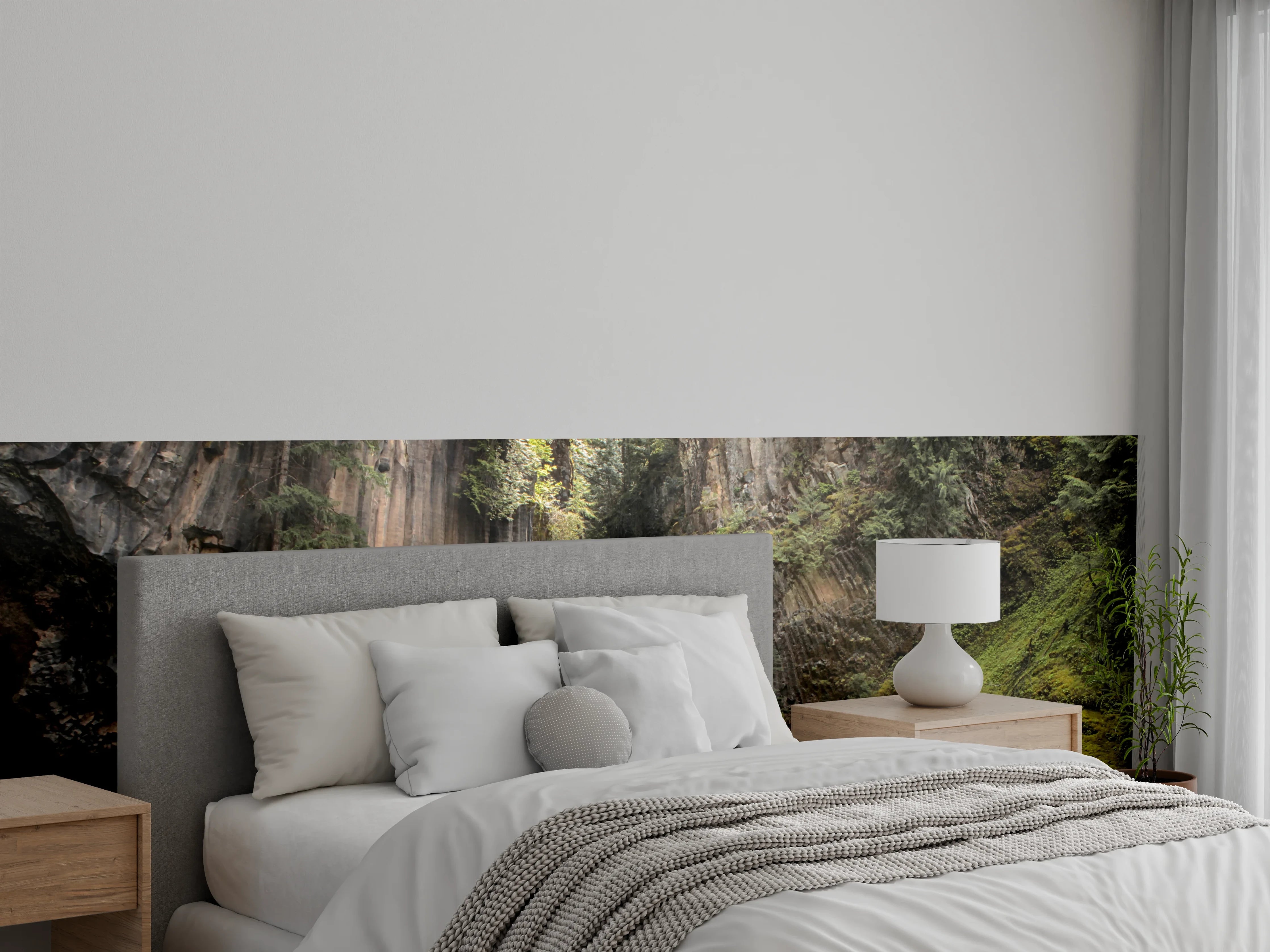 Wandverkleidung Schlafzimmer - Majestätischer Wasserfall im Waldpanorama