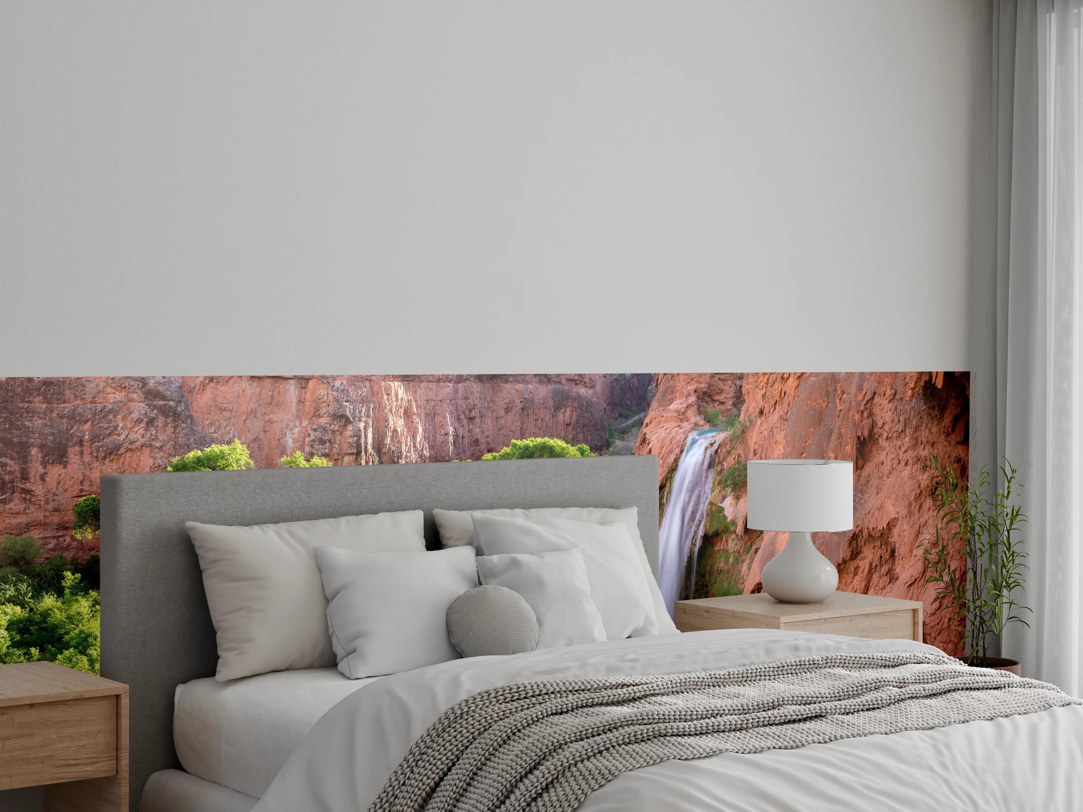 Wandverkleidung Schlafzimmer - Majestätischer Wasserfall in Felsenlandschaft