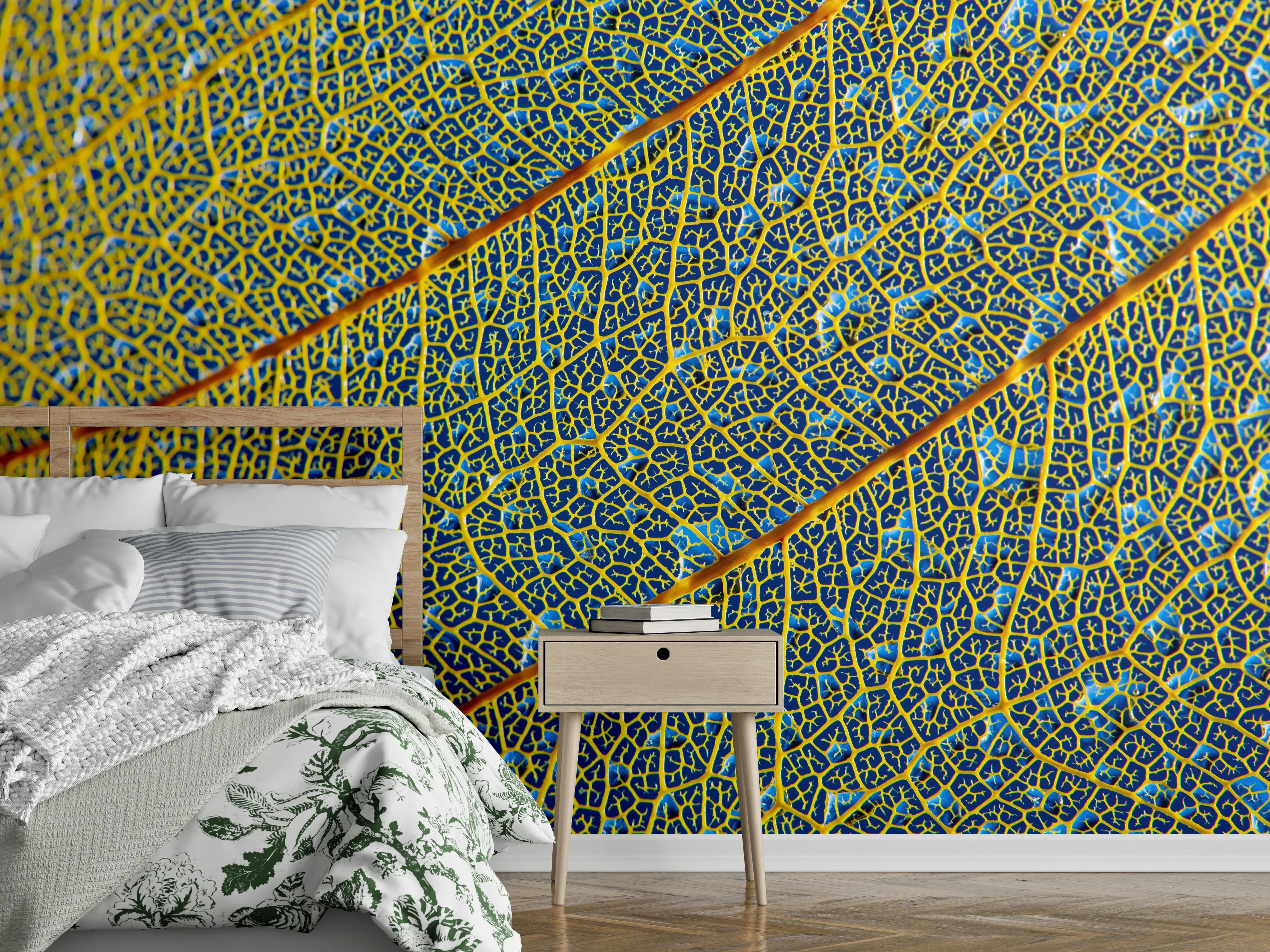 Wandverkleidung Schlafzimmer - Makroaufnahme Blätter blau gelb modern