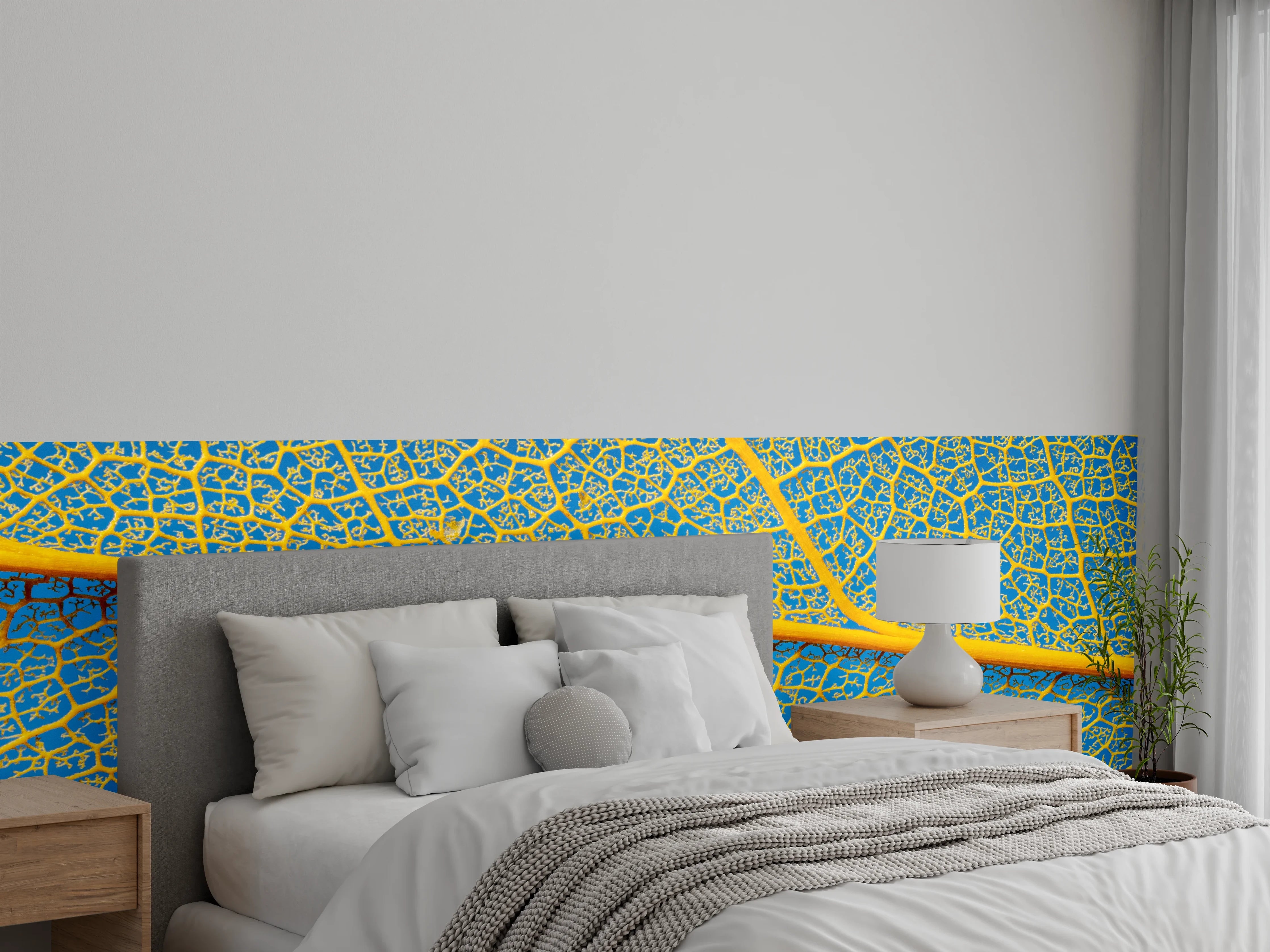 Wandverkleidung Schlafzimmer - Makroaufnahme Blattstruktur Gelb-Blau