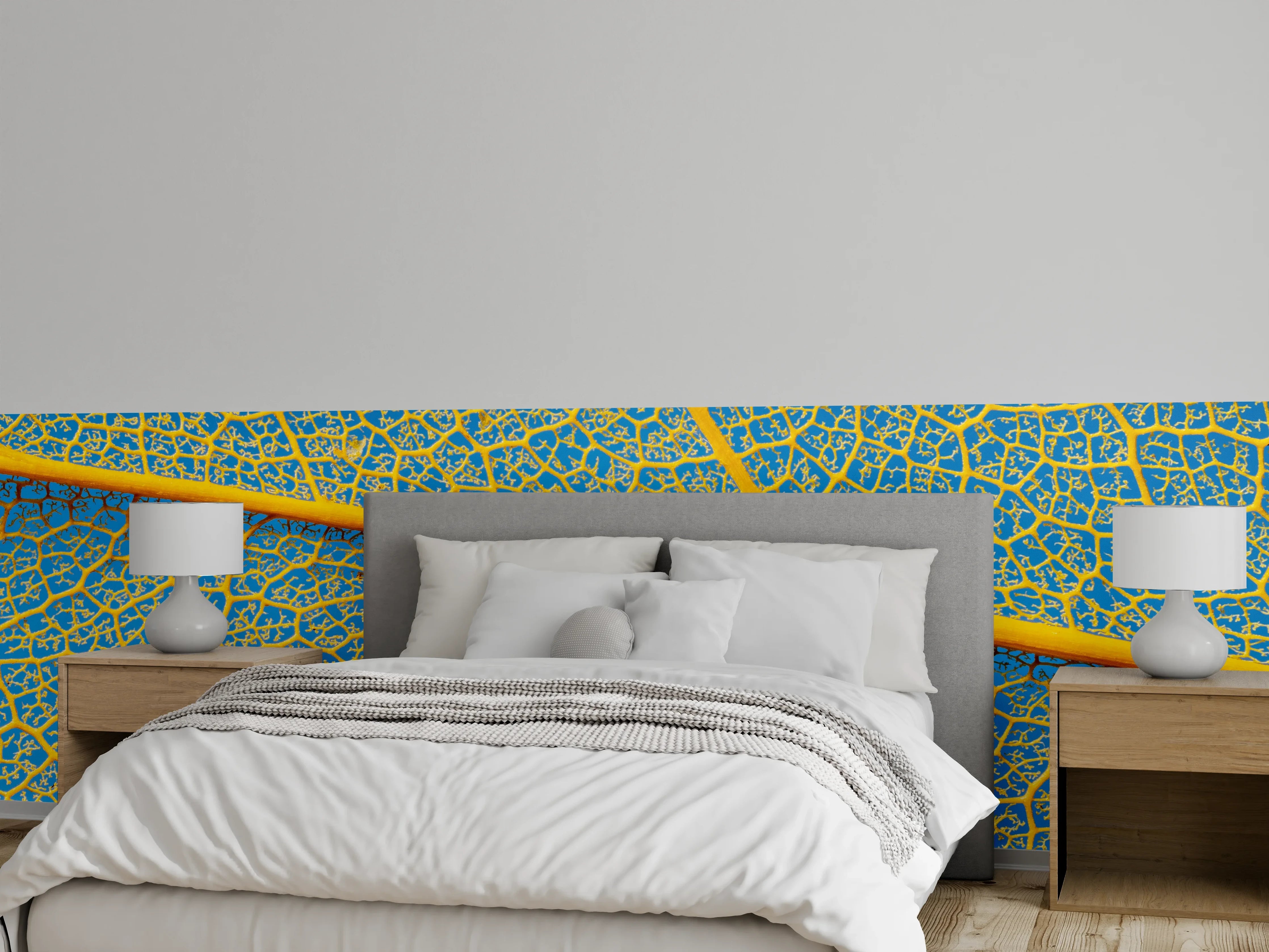 Wandverkleidung Schlafzimmer - Makroaufnahme Blattstruktur Gelb-Blau