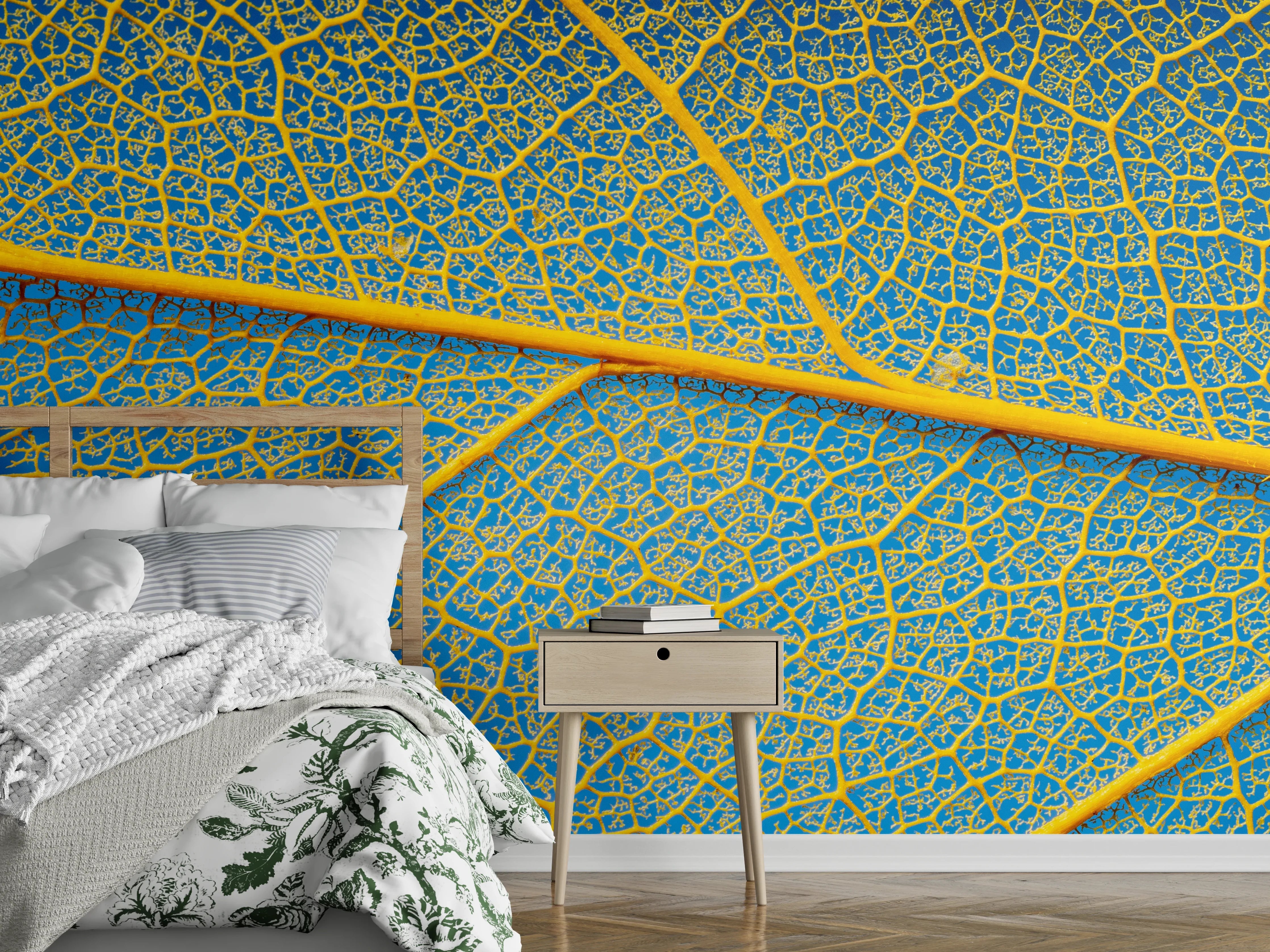 Wandverkleidung Schlafzimmer - Makroaufnahme Blattstruktur Gelb-Blau