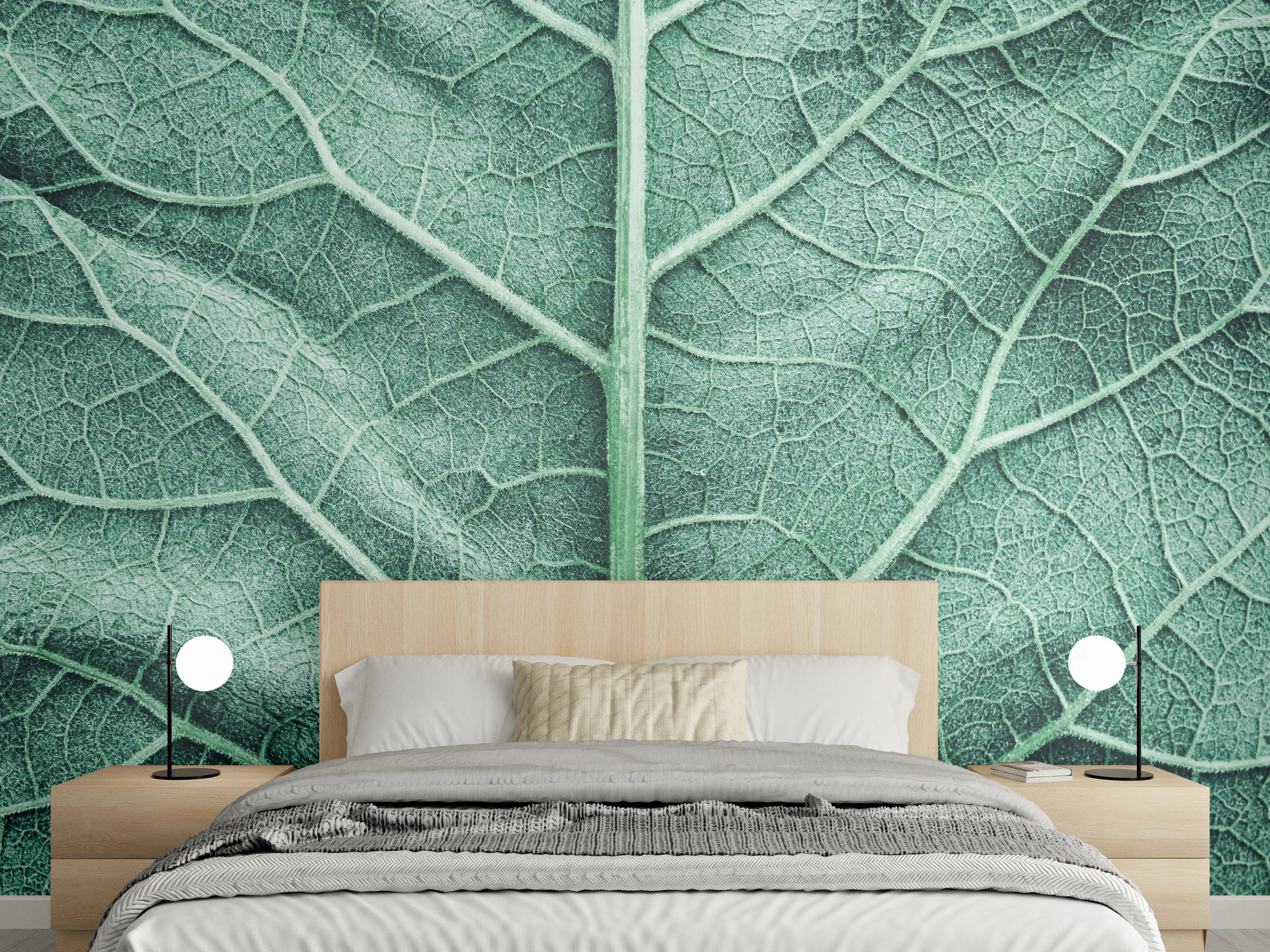 Wandverkleidung Schlafzimmer - Makroaufnahme Blattstruktur in sanftem Grün