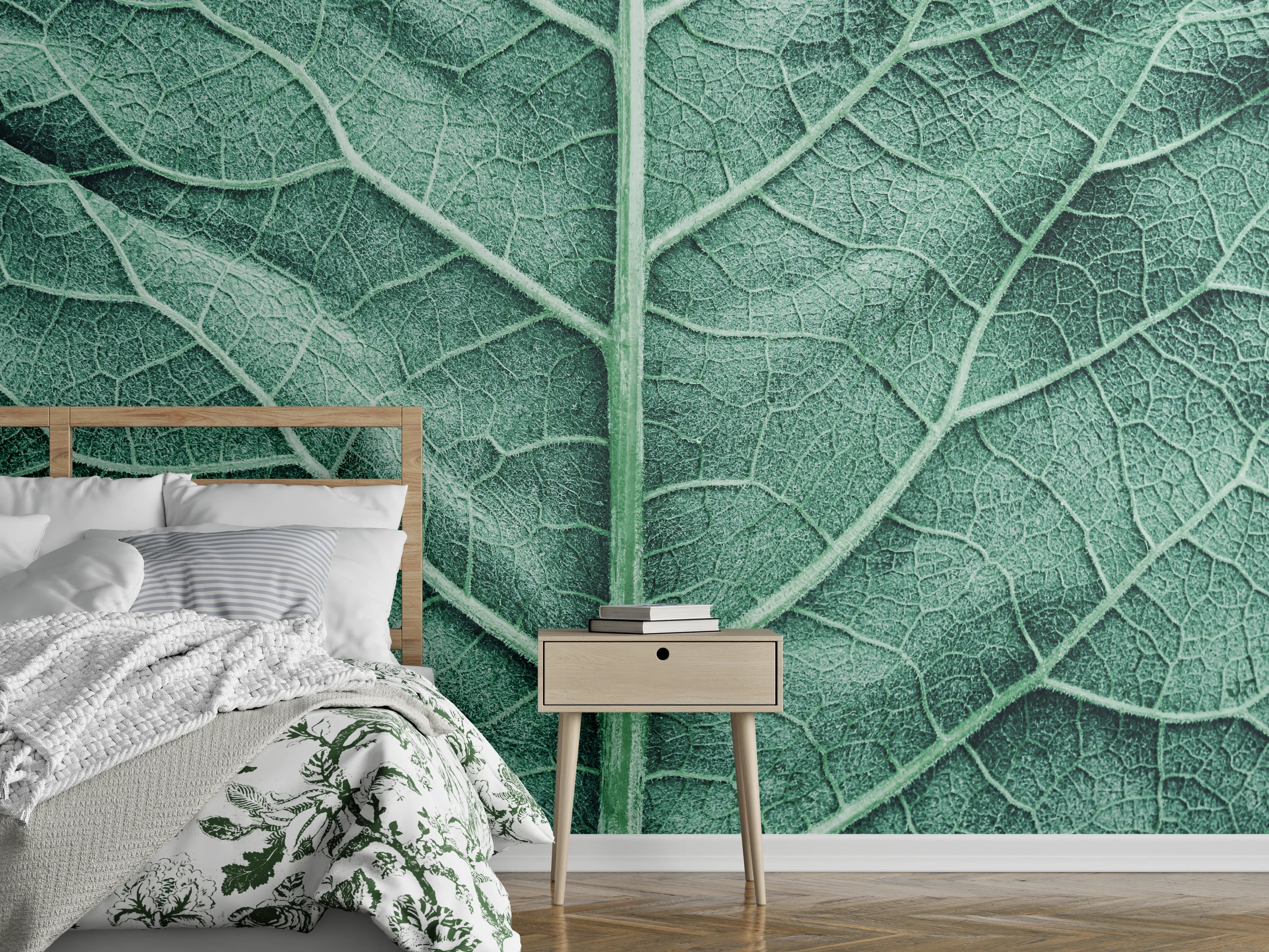 Wandverkleidung Schlafzimmer - Makroaufnahme Blattstruktur in sanftem Grün