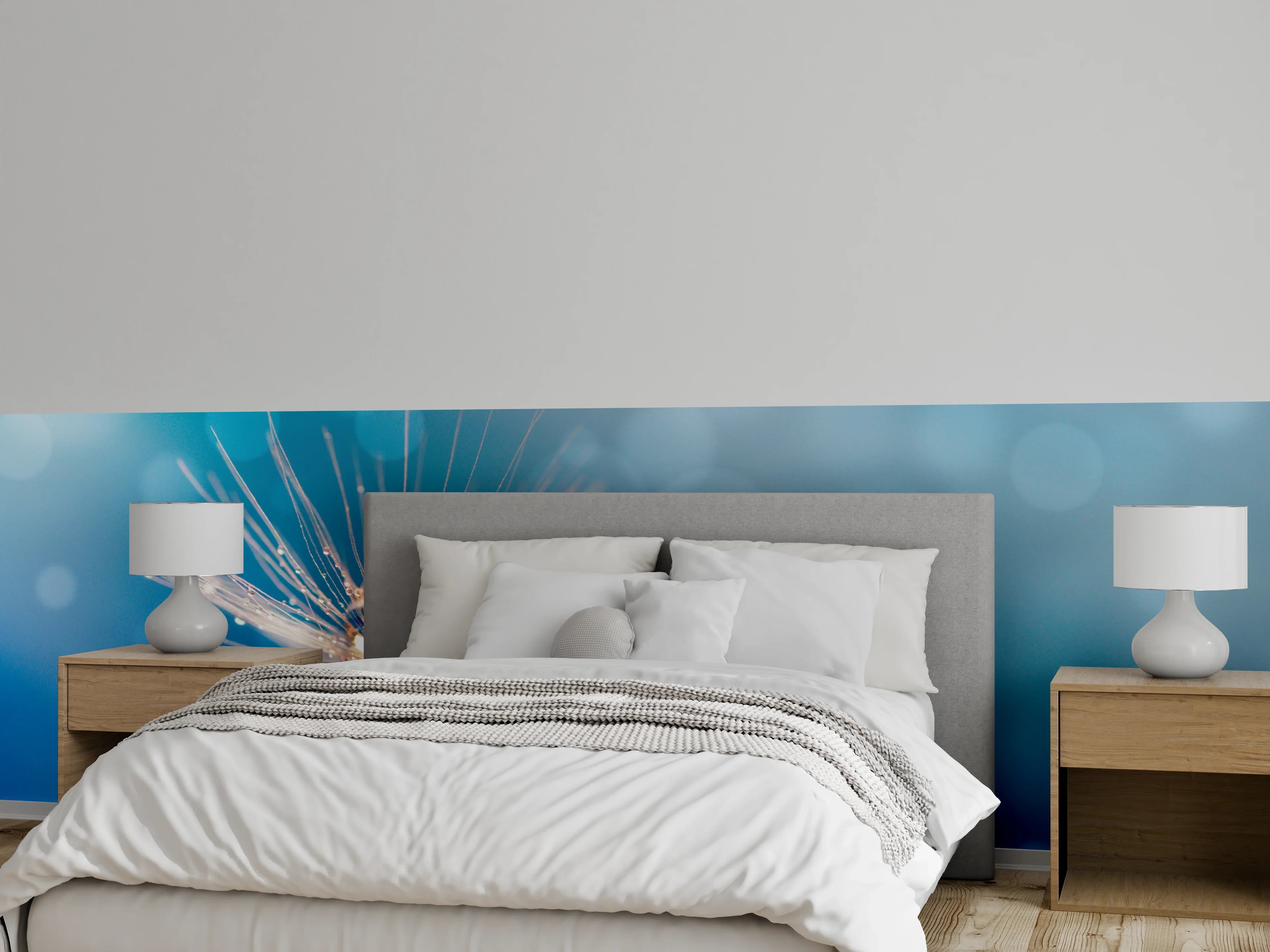 Wandverkleidung Schlafzimmer - Makroaufnahme Pusteblume Tau Tropfen Blau
