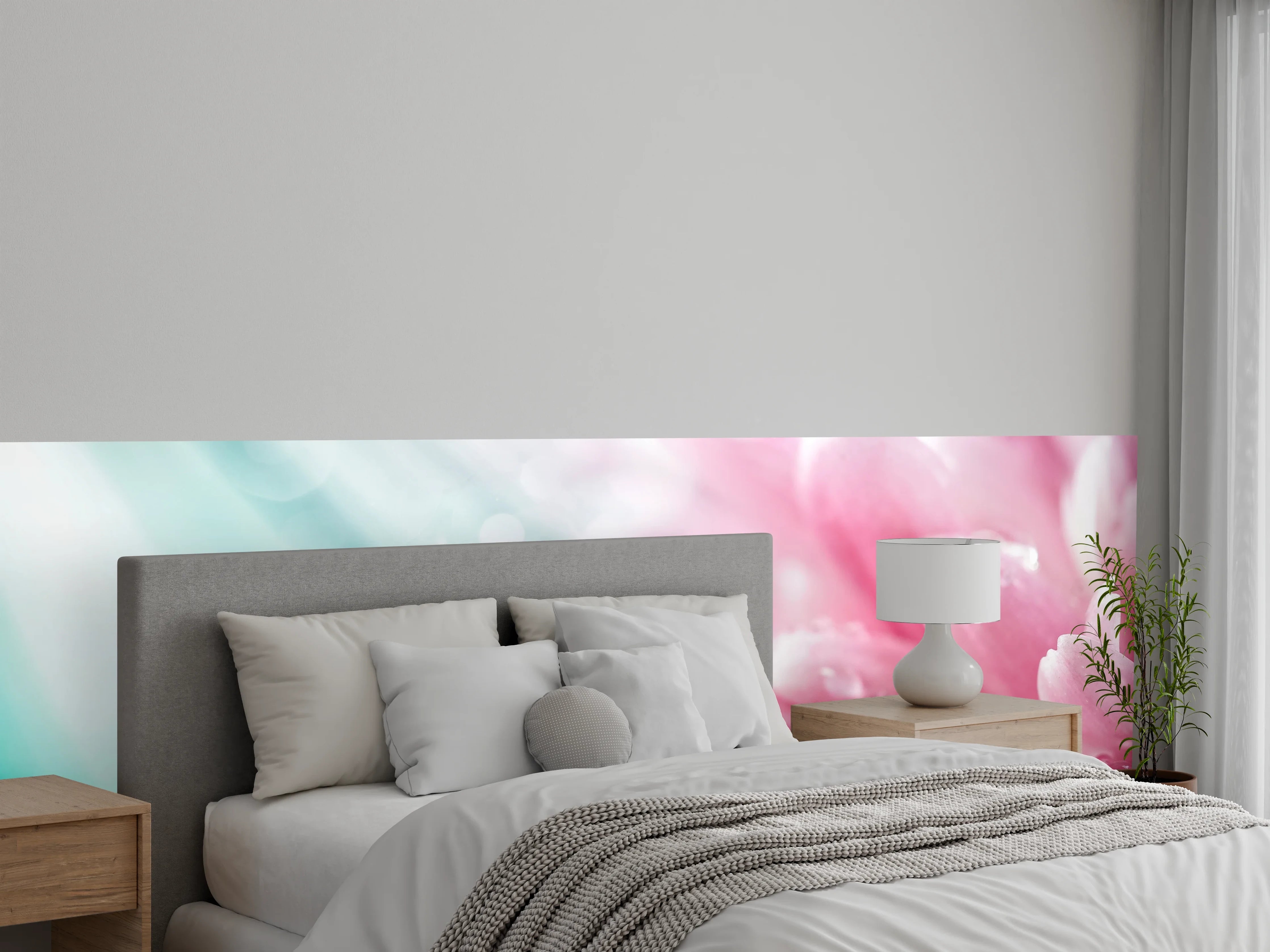 Wandverkleidung Schlafzimmer - Makroaufnahme rosa Blüte mit Tautropfen