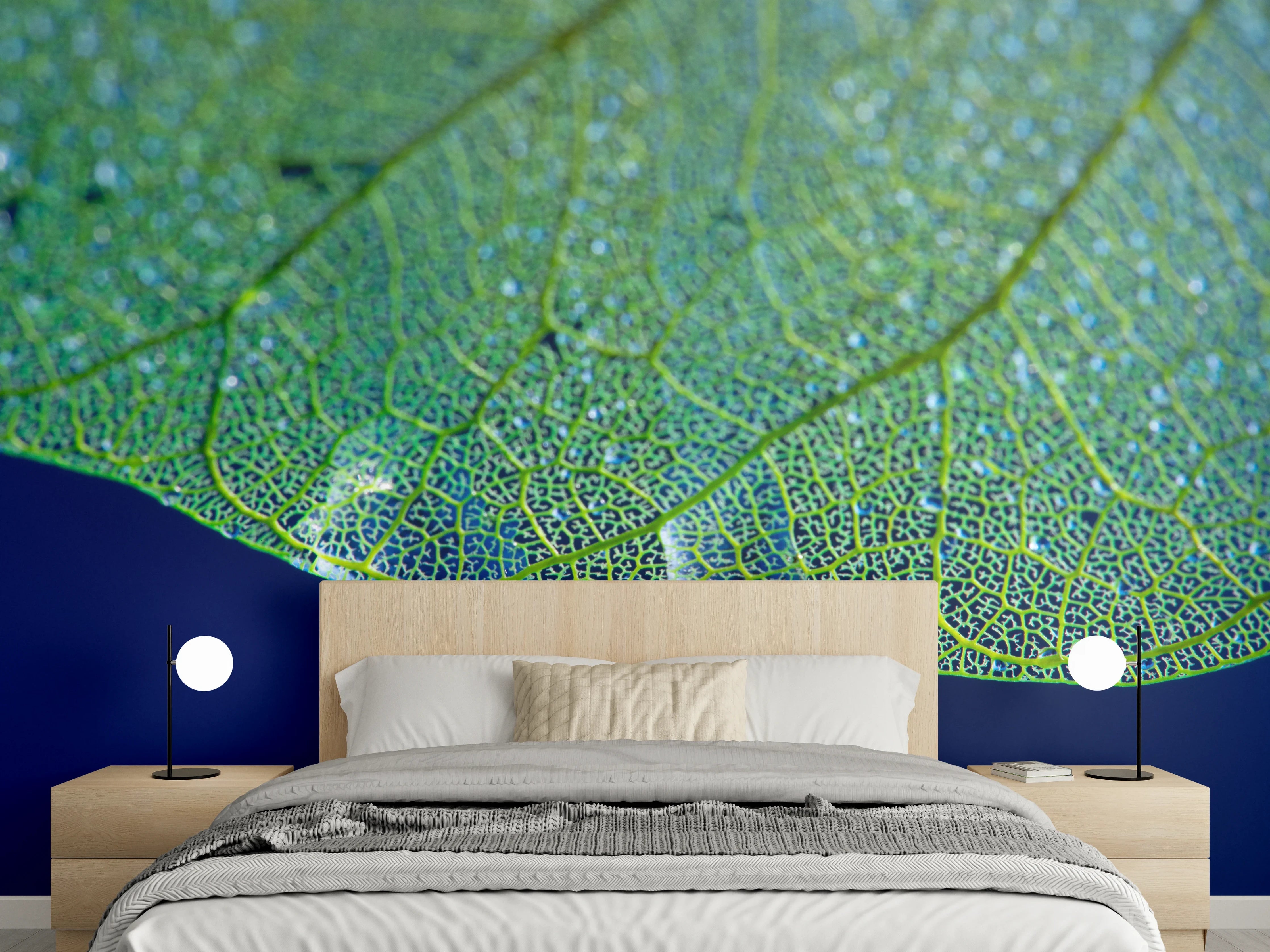 Wandverkleidung Schlafzimmer - Makroaufnahme: Tau auf grünem Blatt