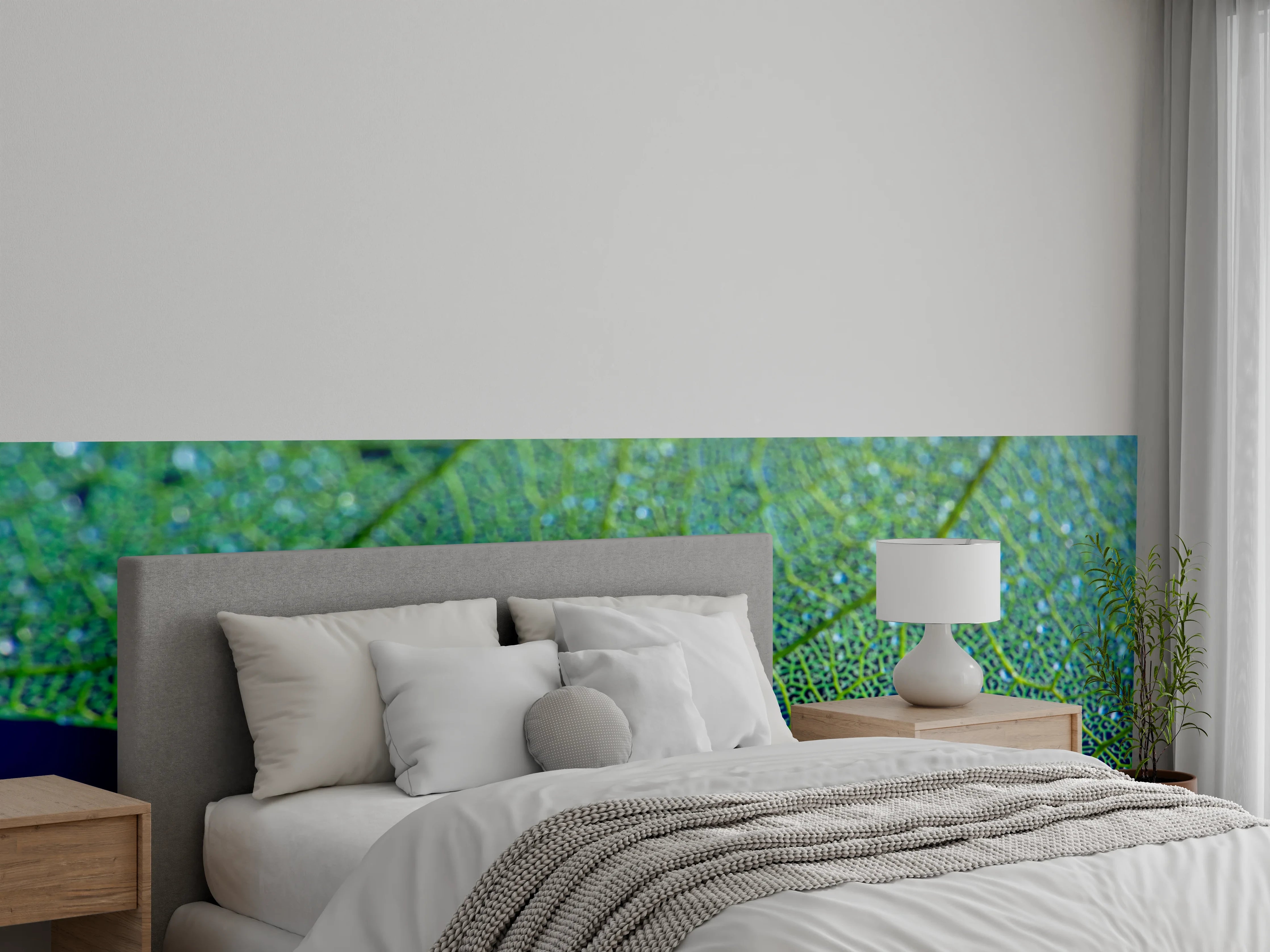 Wandverkleidung Schlafzimmer - Makroaufnahme: Tau auf grünem Blatt