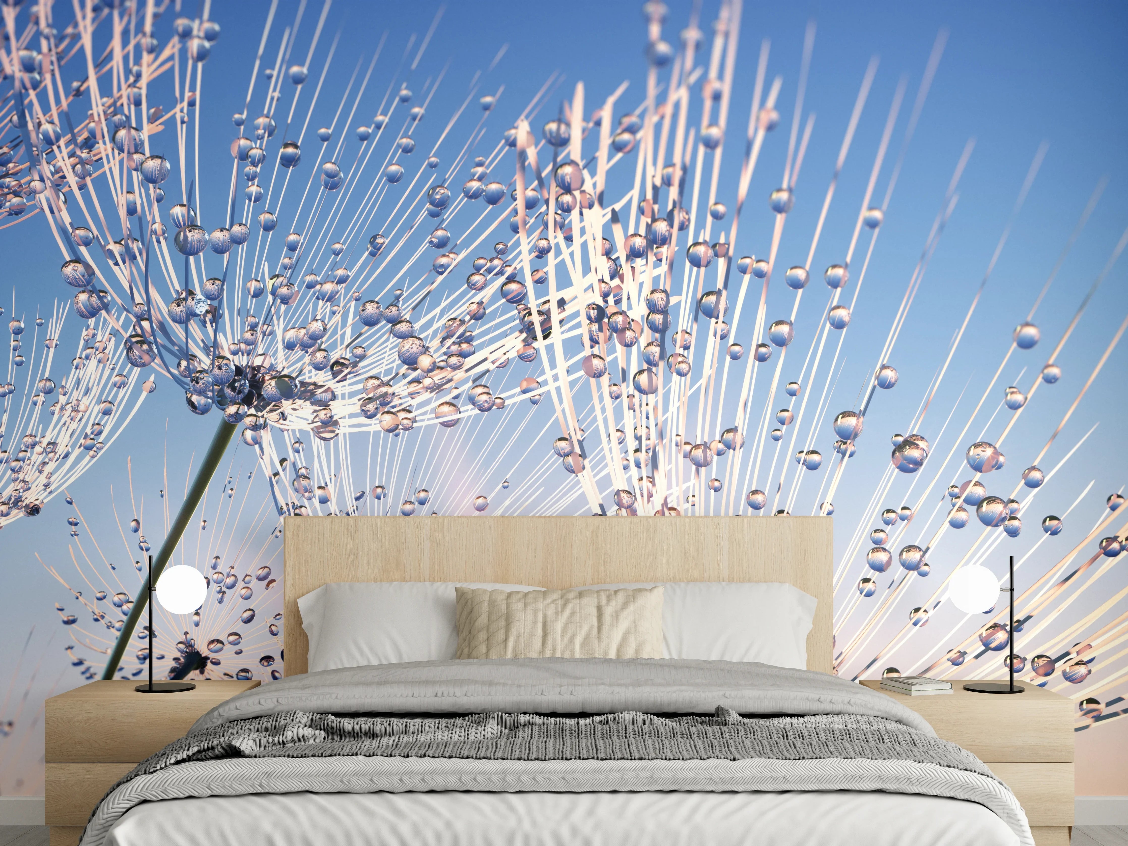 Wandverkleidung Schlafzimmer - Makrofoto Pusteblume Morgentau Blau Himmel