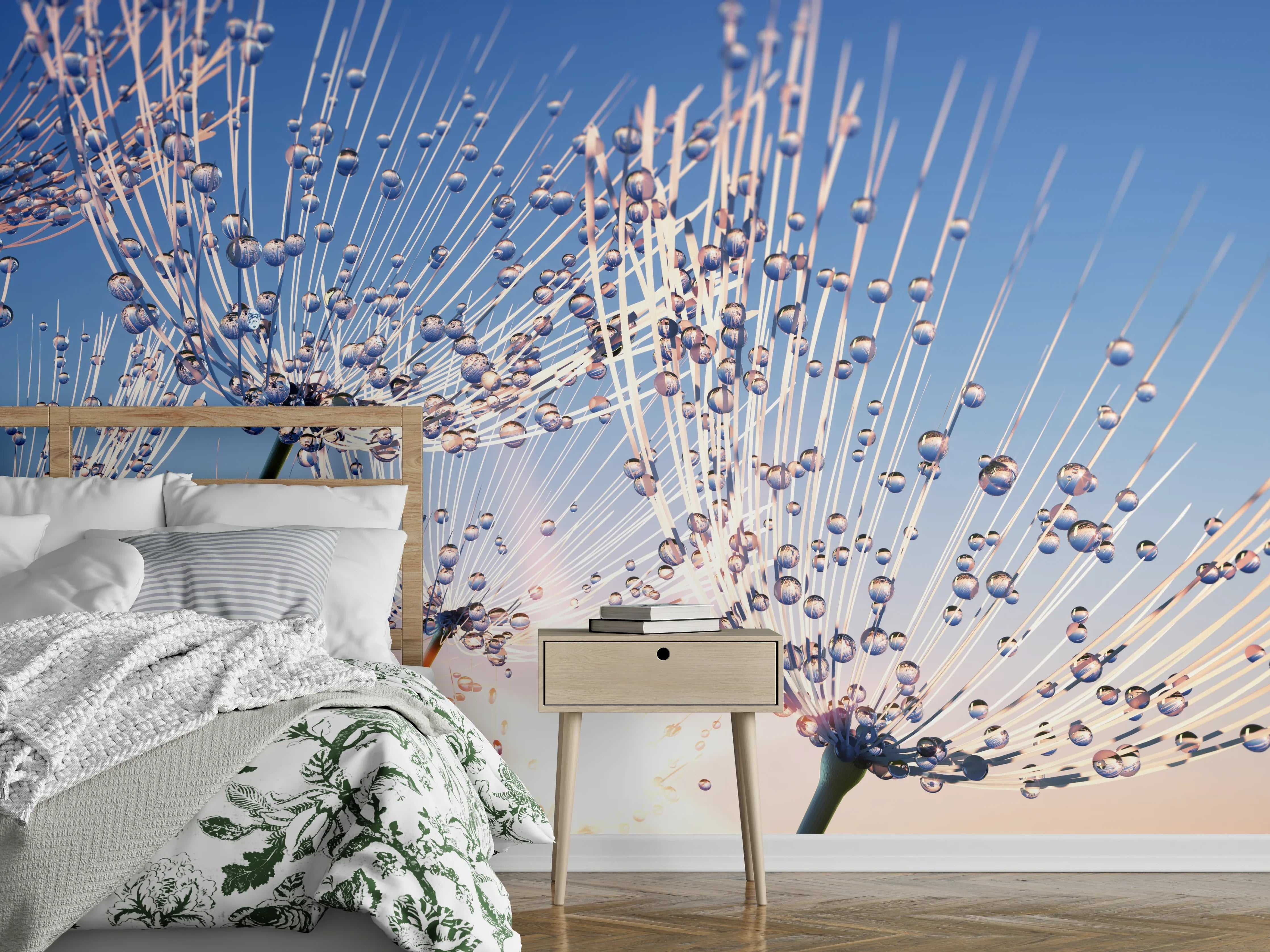 Wandverkleidung Schlafzimmer - Makrofoto Pusteblume Morgentau Blau Himmel