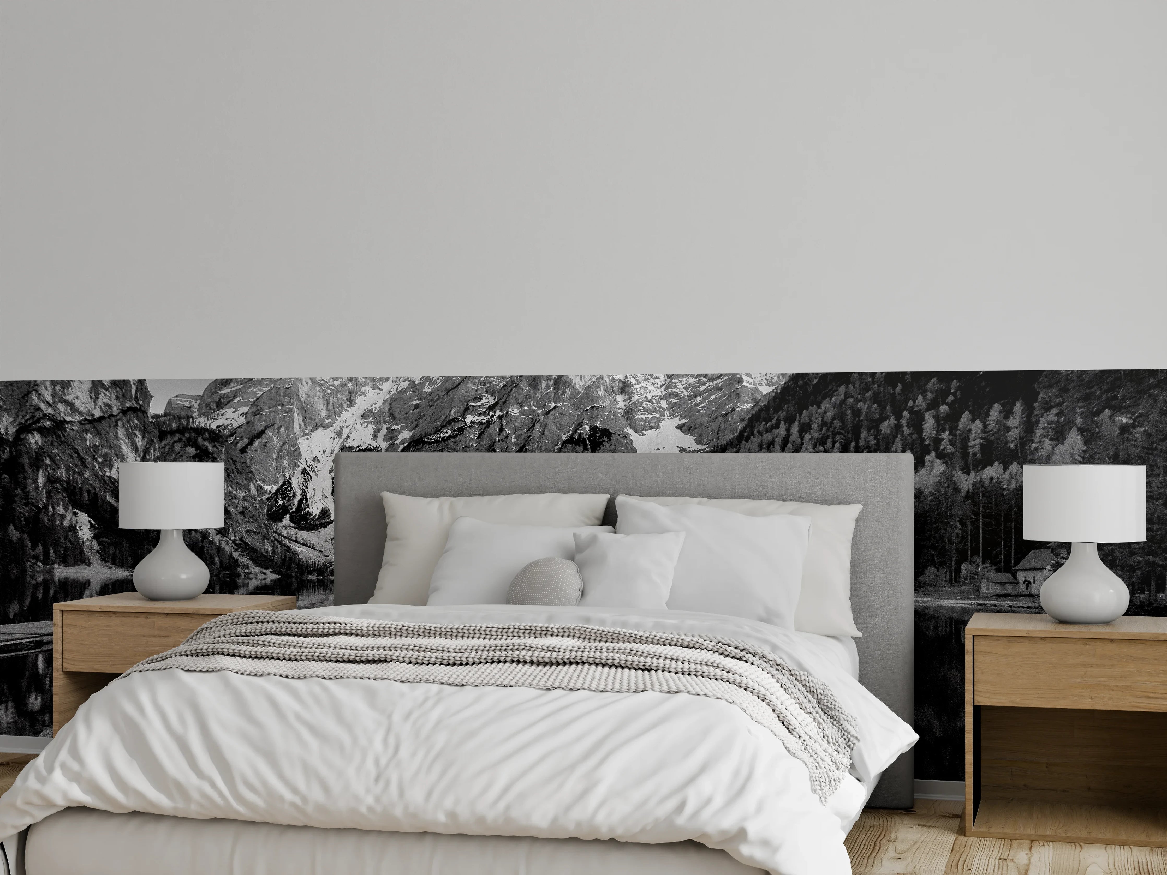 Wandverkleidung Schlafzimmer - Malerei mit Bergseen und Booten in Schwarz-Weiß