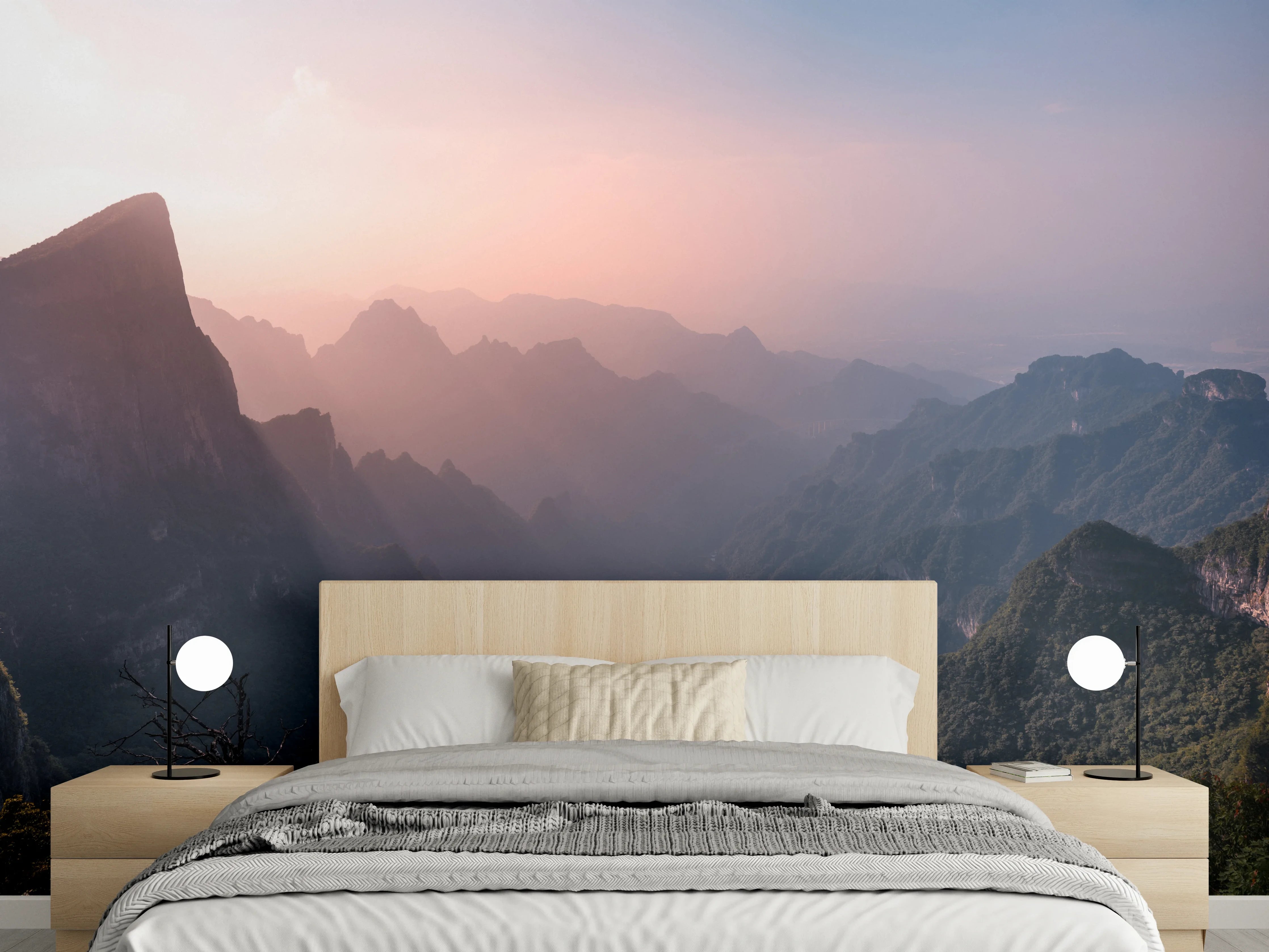 Wandverkleidung Schlafzimmer - Malerische Berge im Sonnenuntergang