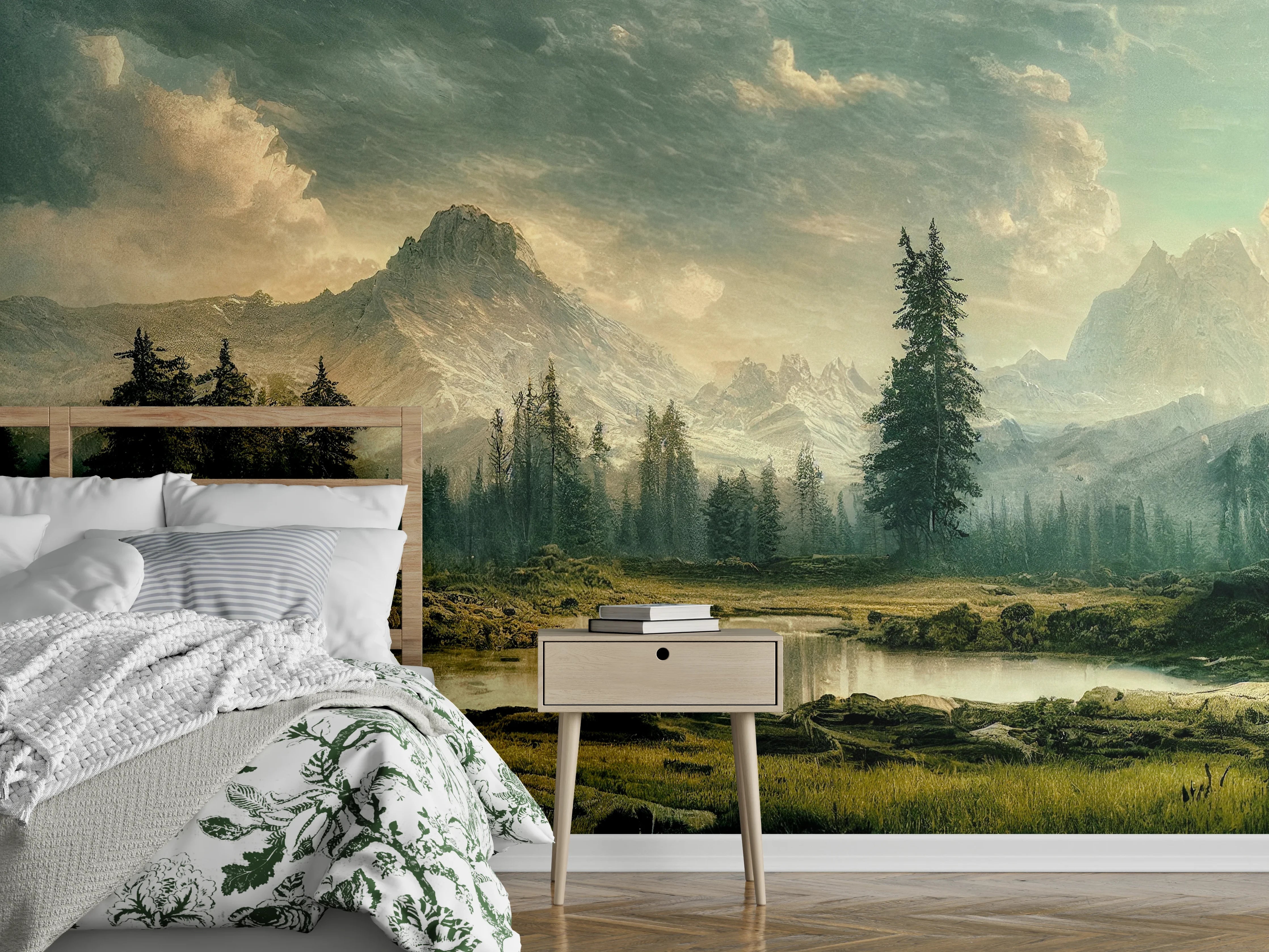Wandverkleidung Schlafzimmer - Malerische Berglandschaft am Morgen
