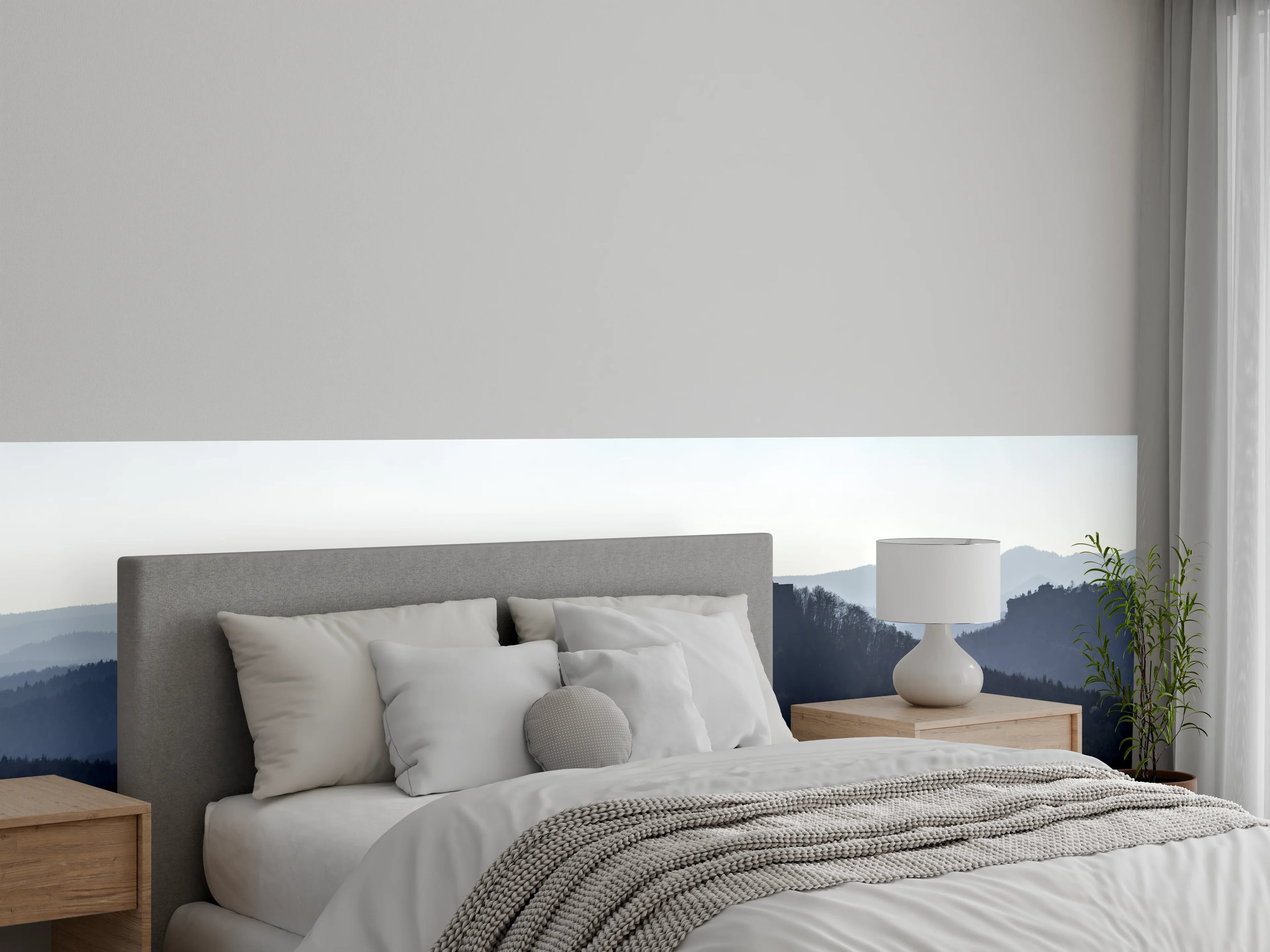Wandverkleidung Schlafzimmer - Malerische Berglandschaft im Morgennebel