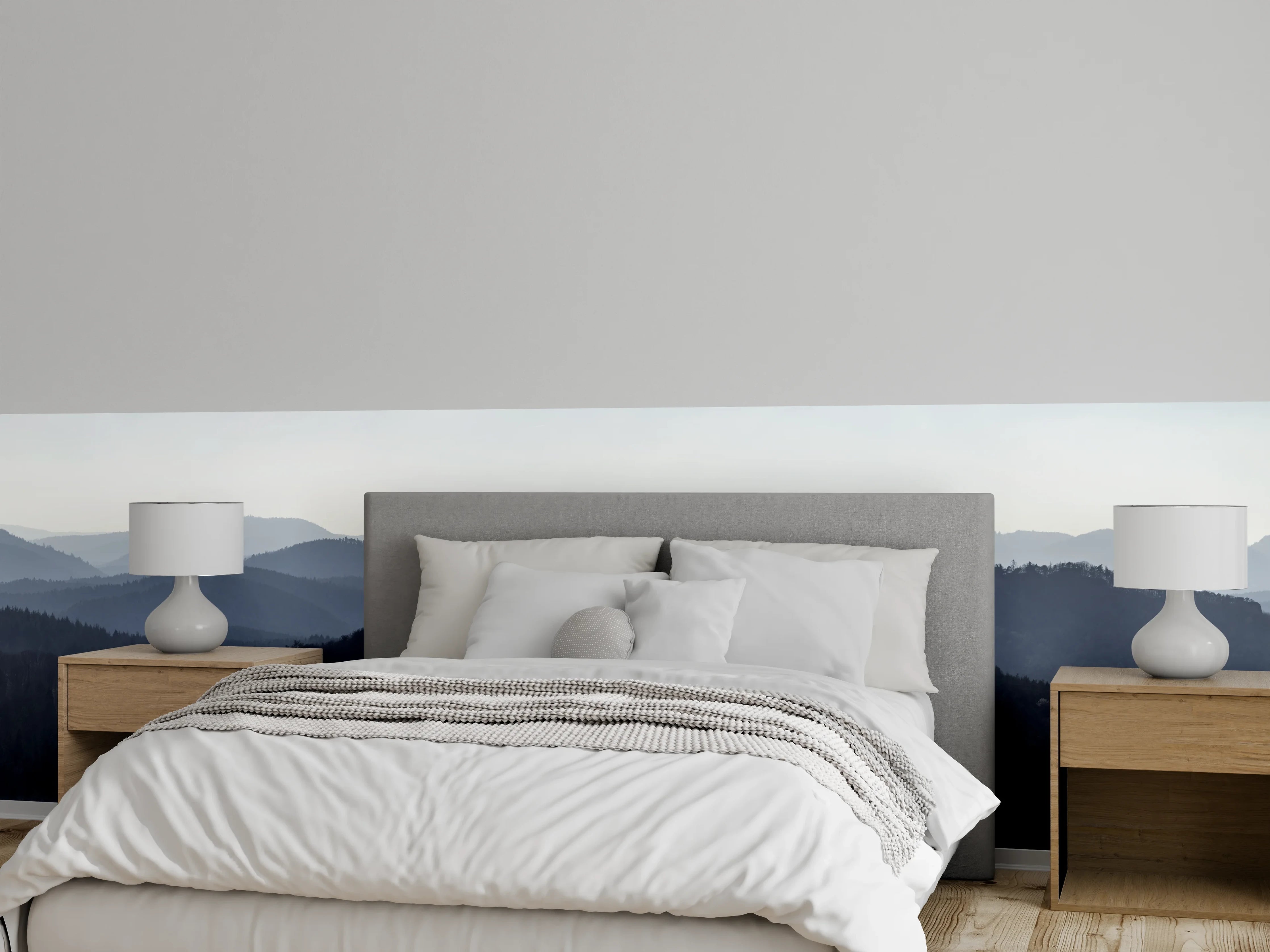 Wandverkleidung Schlafzimmer - Malerische Berglandschaft im Morgennebel