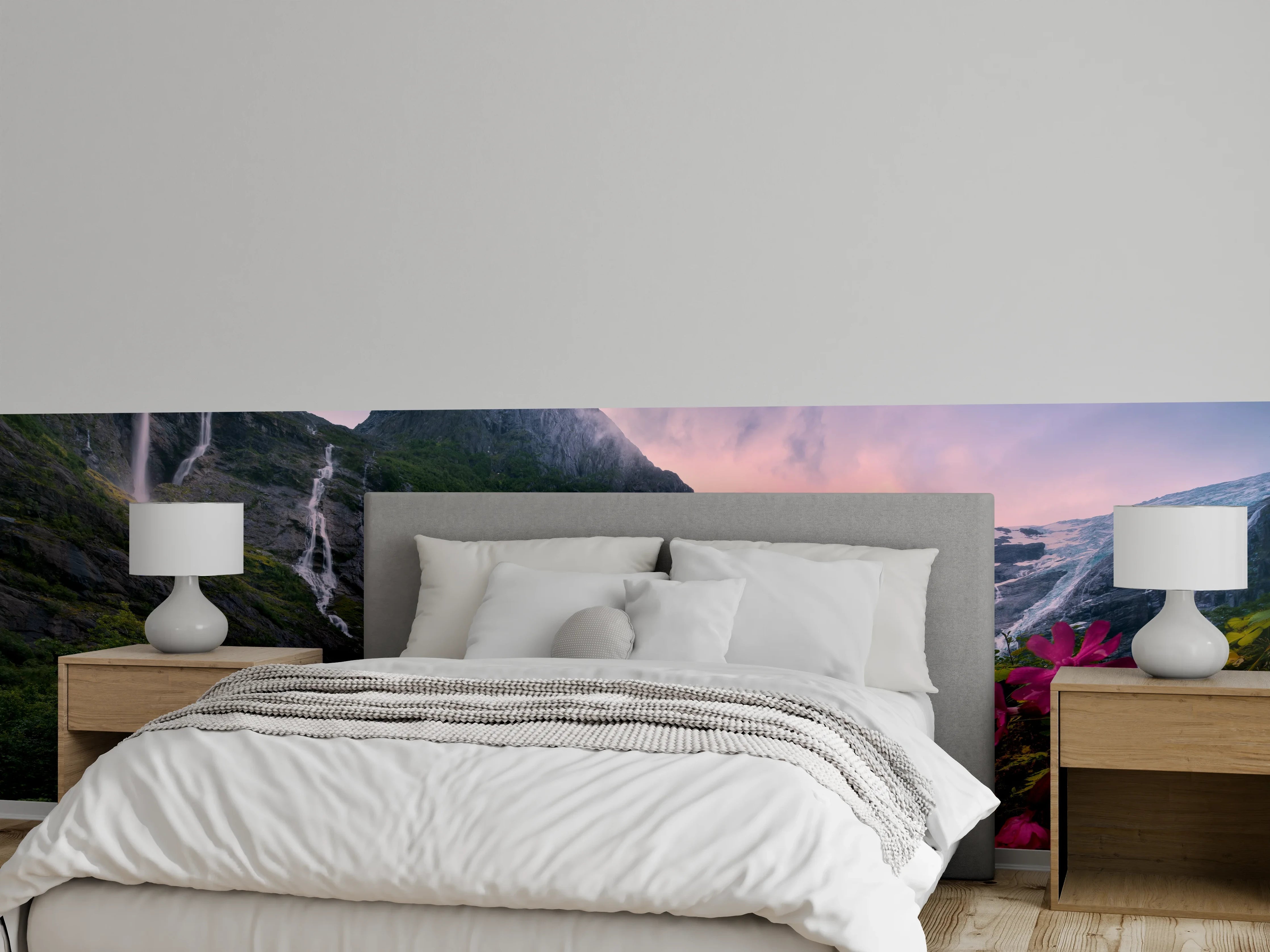Wandverkleidung Schlafzimmer - Malerische Berglandschaft mit Wasserfall