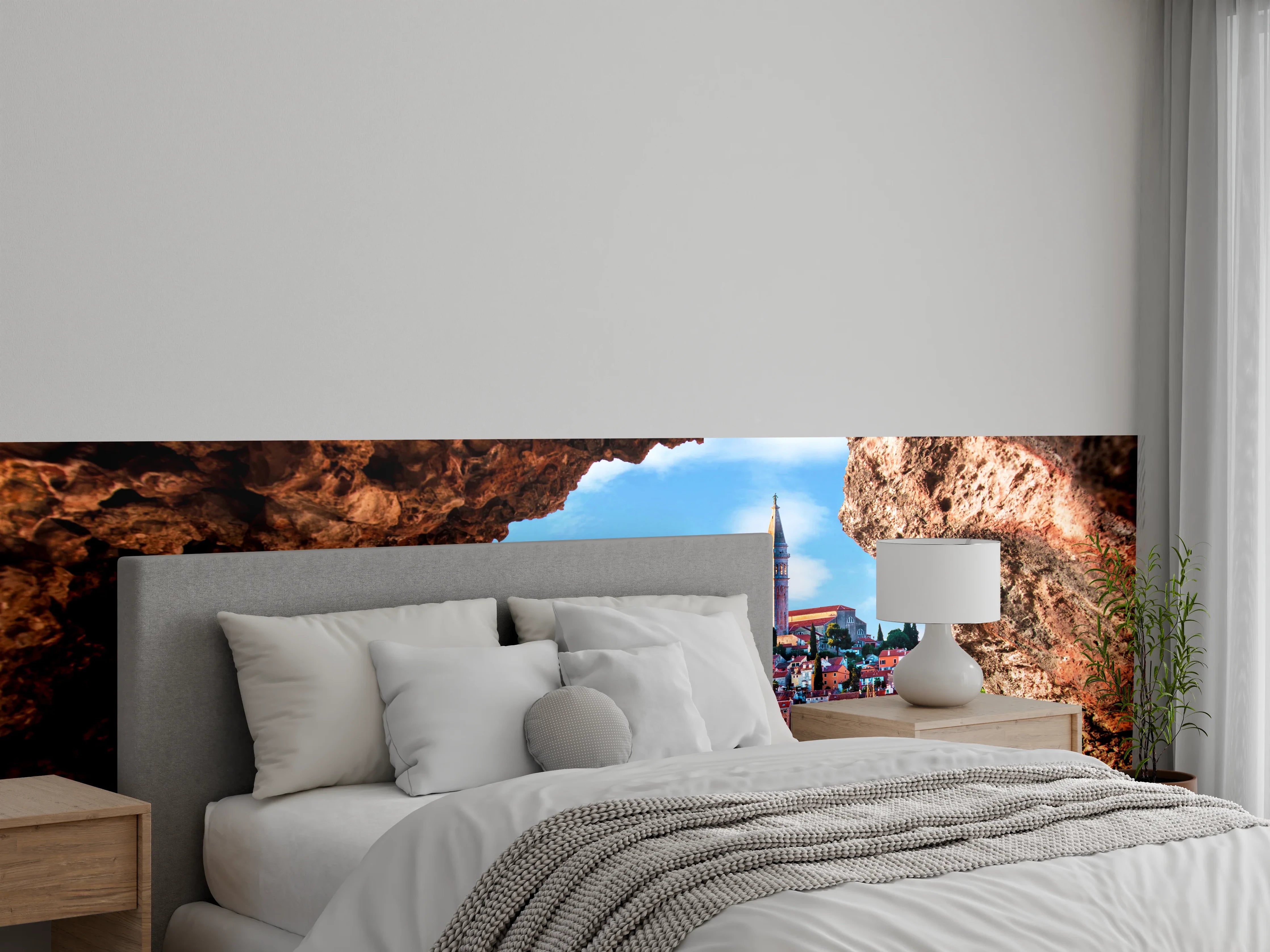 Wandverkleidung Schlafzimmer - Malerische Küstenstadt Panorama Meerblick Wandbild