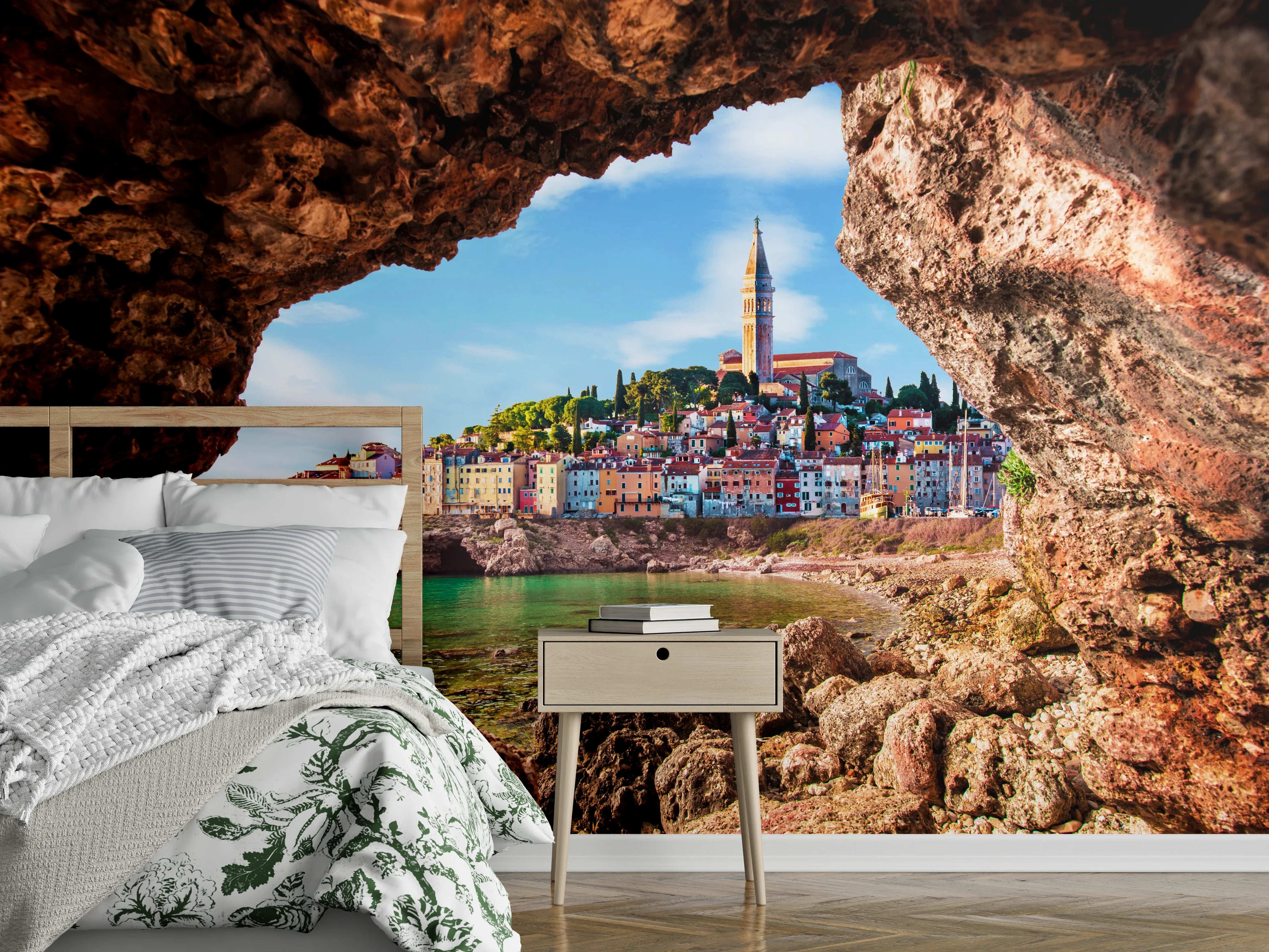 Wandverkleidung Schlafzimmer - Malerische Küstenstadt Panorama Meerblick Wandbild