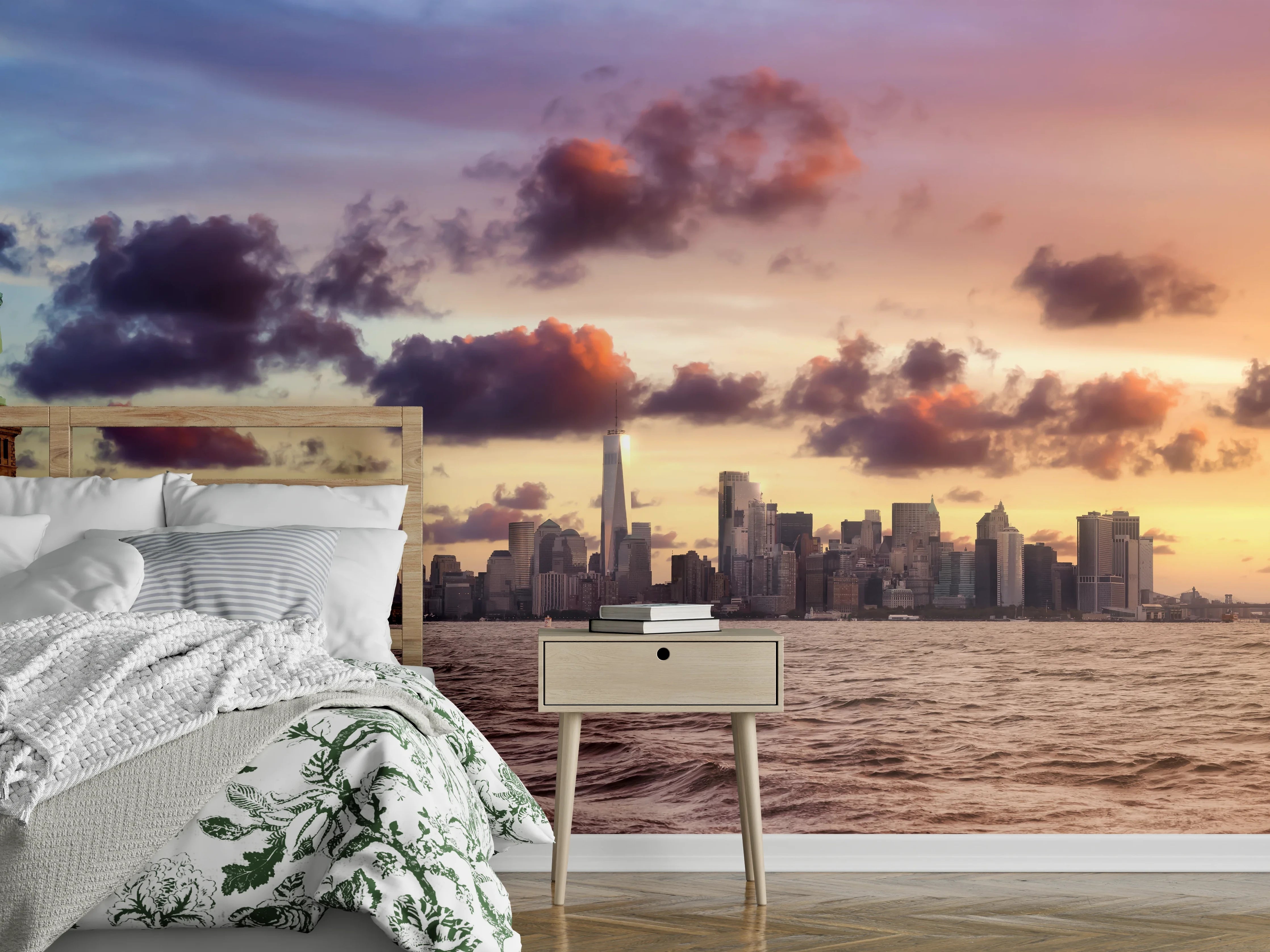 Wandverkleidung Schlafzimmer - Manhattan Skyline Sonnenuntergang