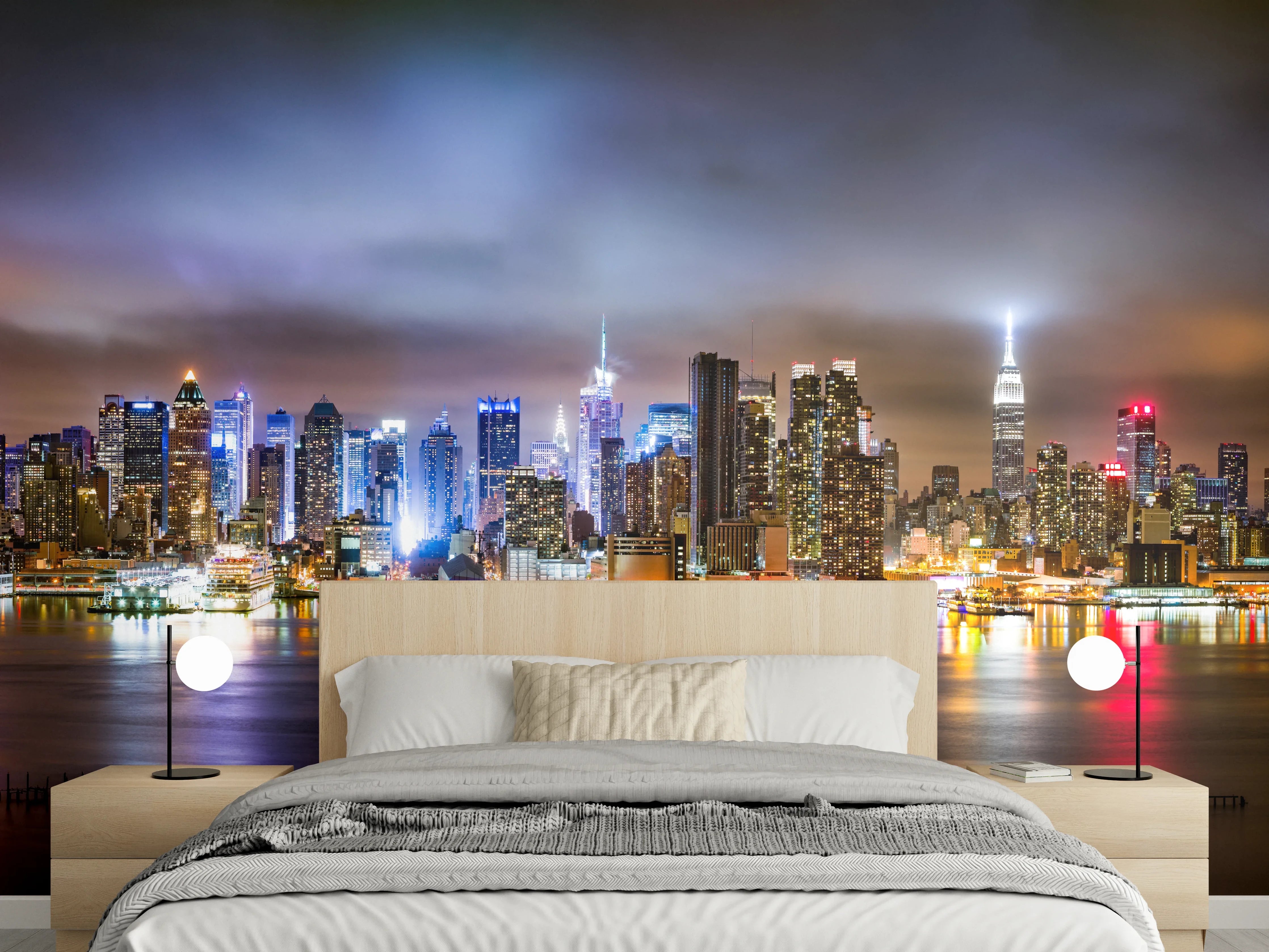 Wandverkleidung Schlafzimmer - Manhattan Skyline im nächtlichen Panorama