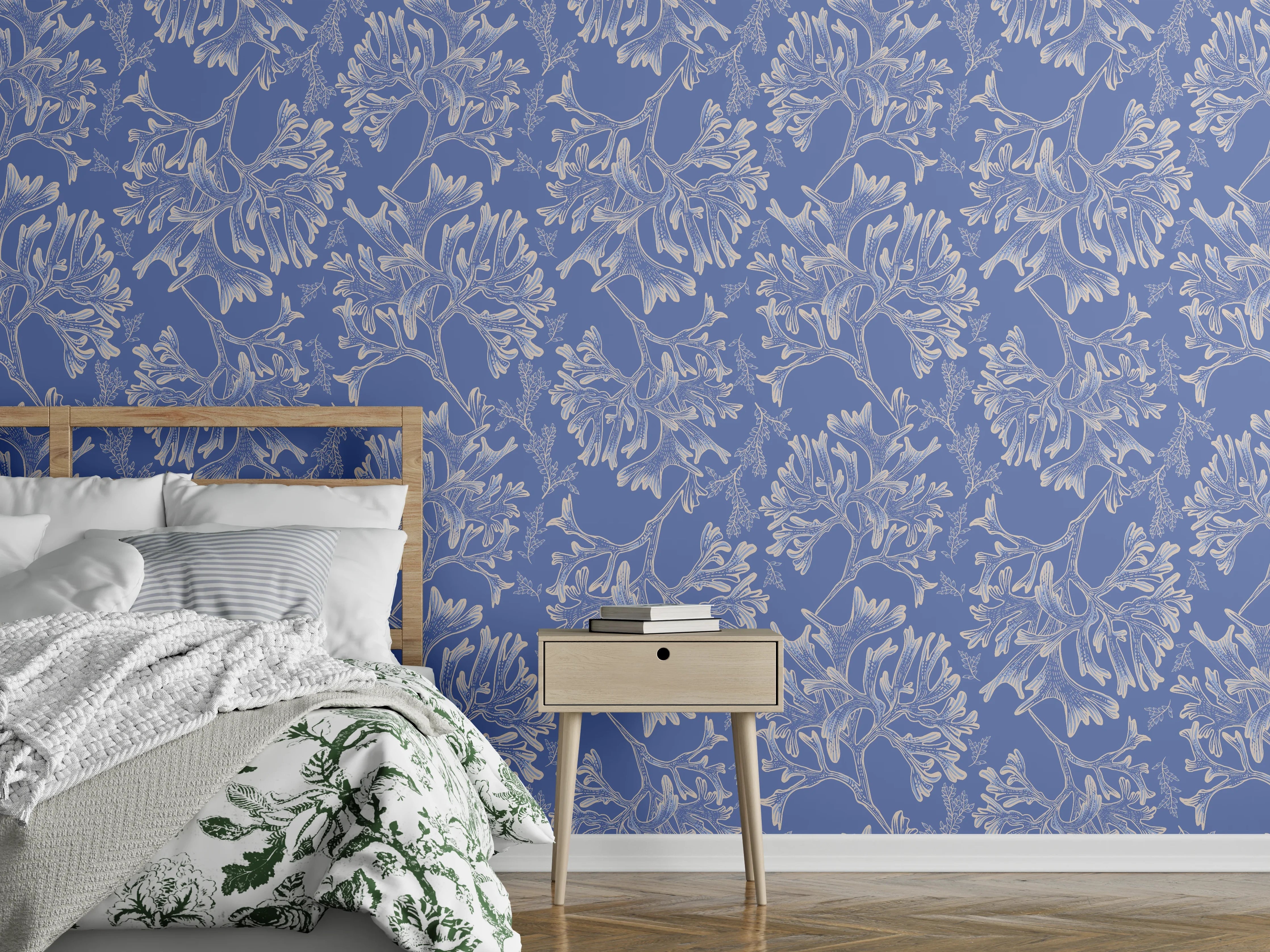 Wandverkleidung Schlafzimmer - Marineblaues Korallenmuster