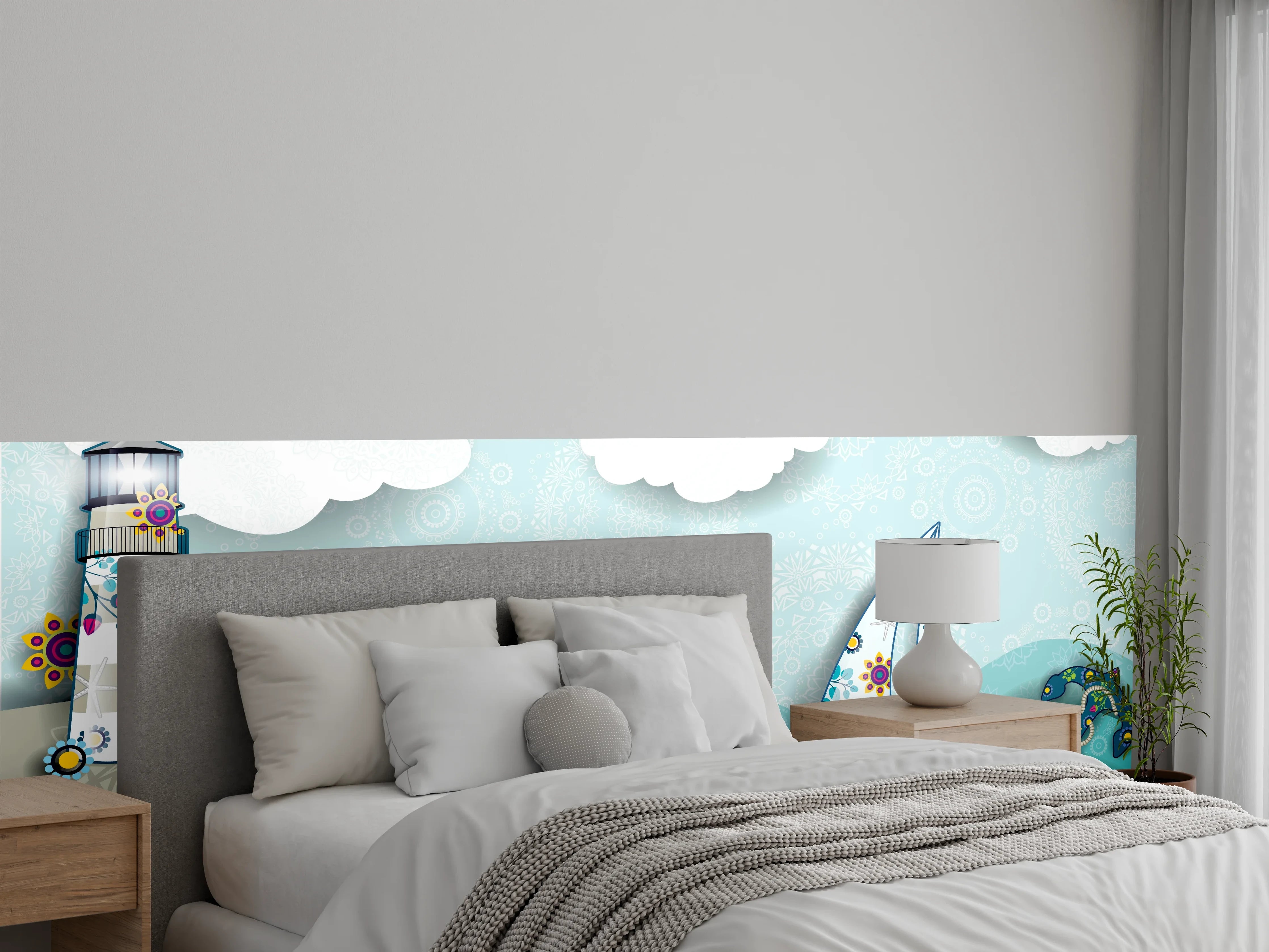 Wandverkleidung Schlafzimmer - Marines Motiv mit Leuchtturm und Boot