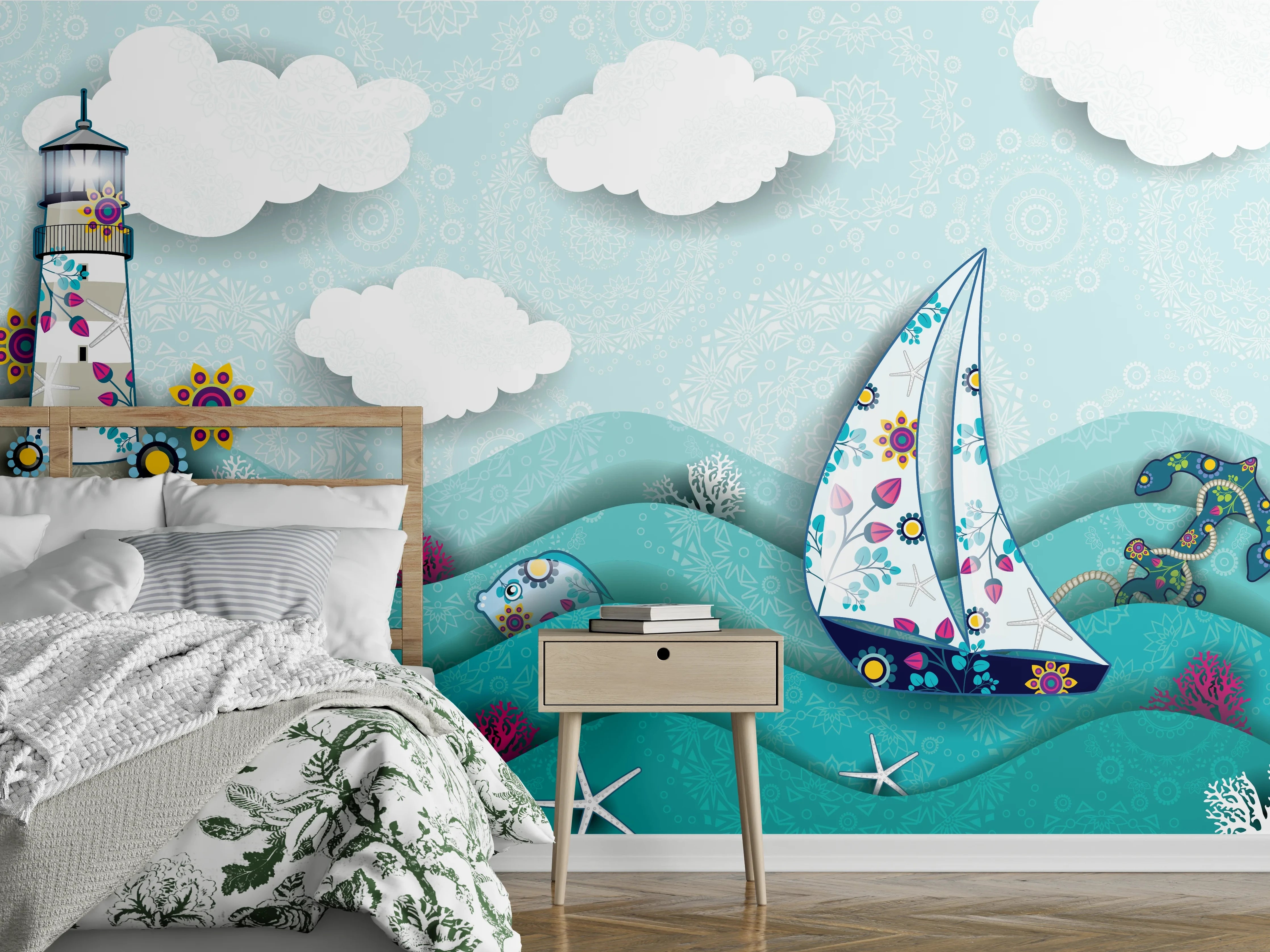 Wandverkleidung Schlafzimmer - Marines Motiv mit Leuchtturm und Boot