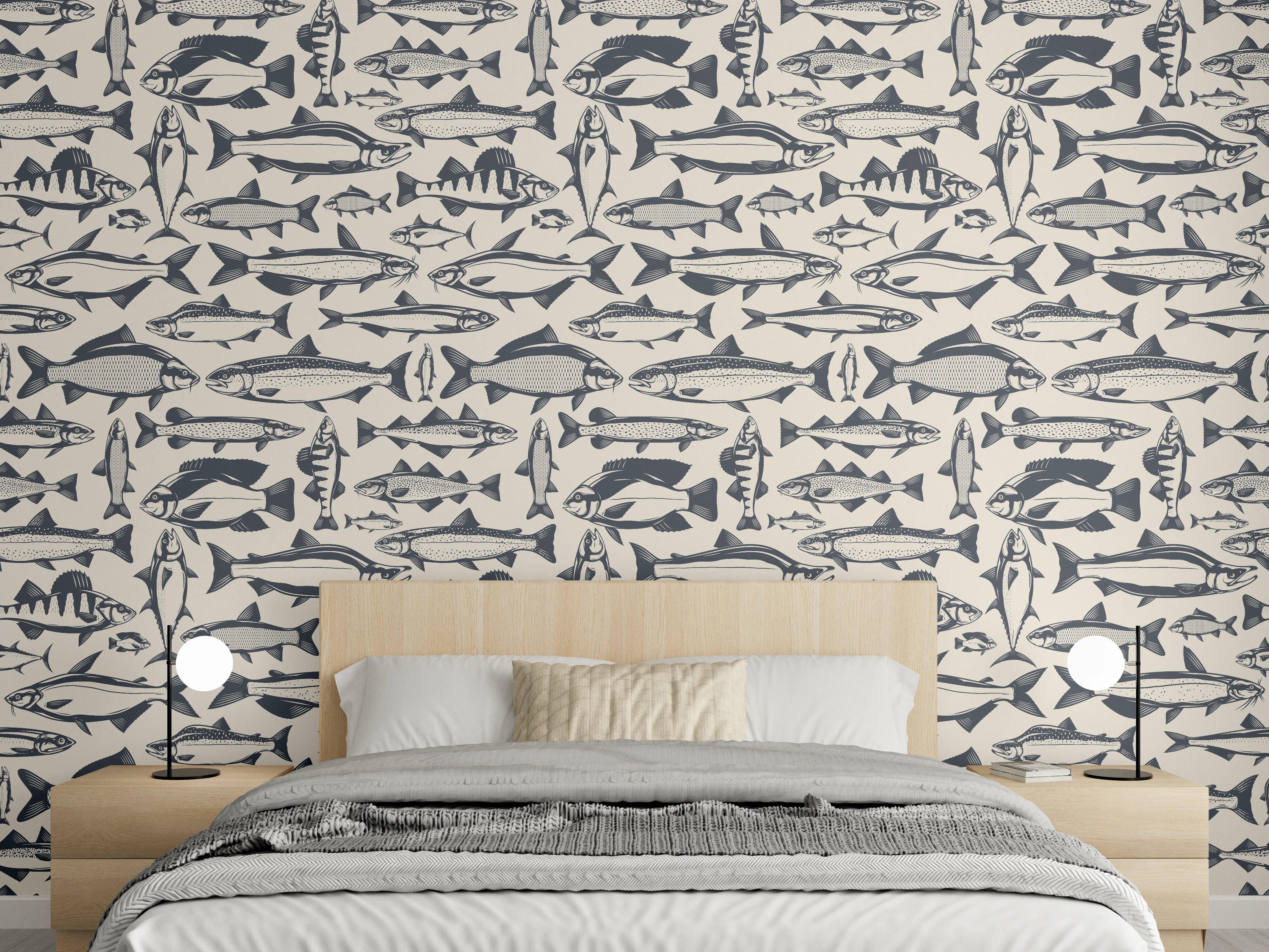 Wandverkleidung Schlafzimmer - Maritimes Fischmuster Beige-Blau