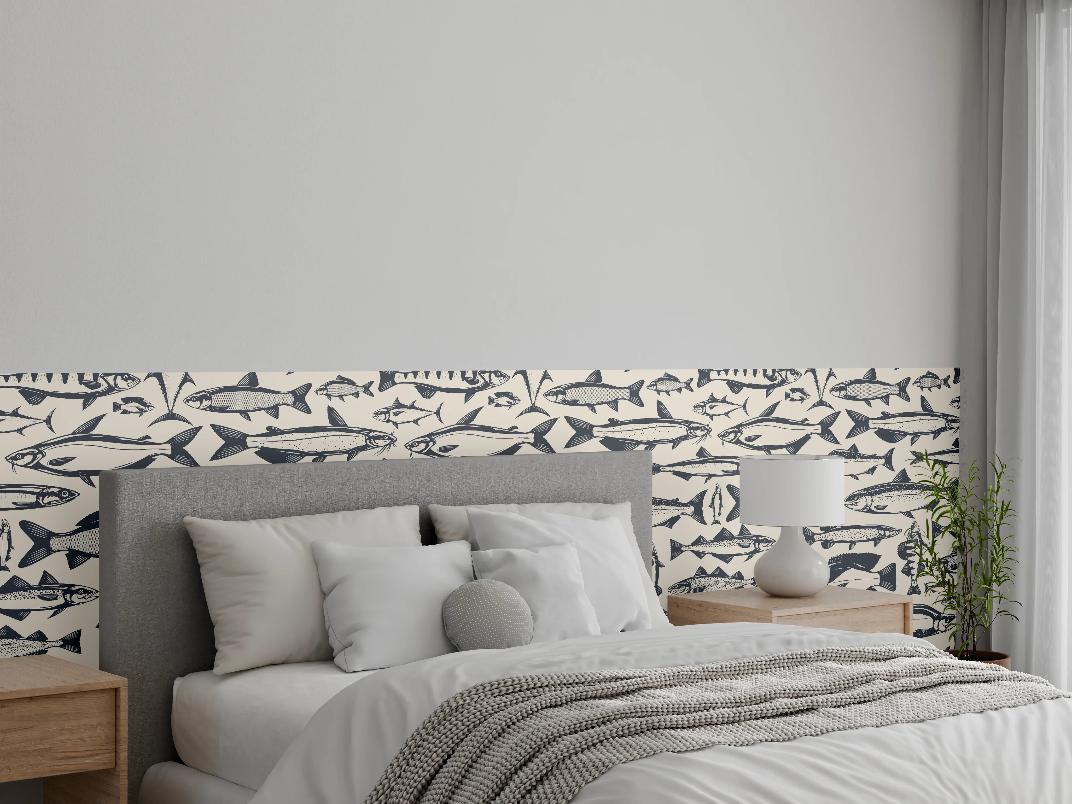 Wandverkleidung Schlafzimmer - Maritimes Fischmuster Beige-Blau