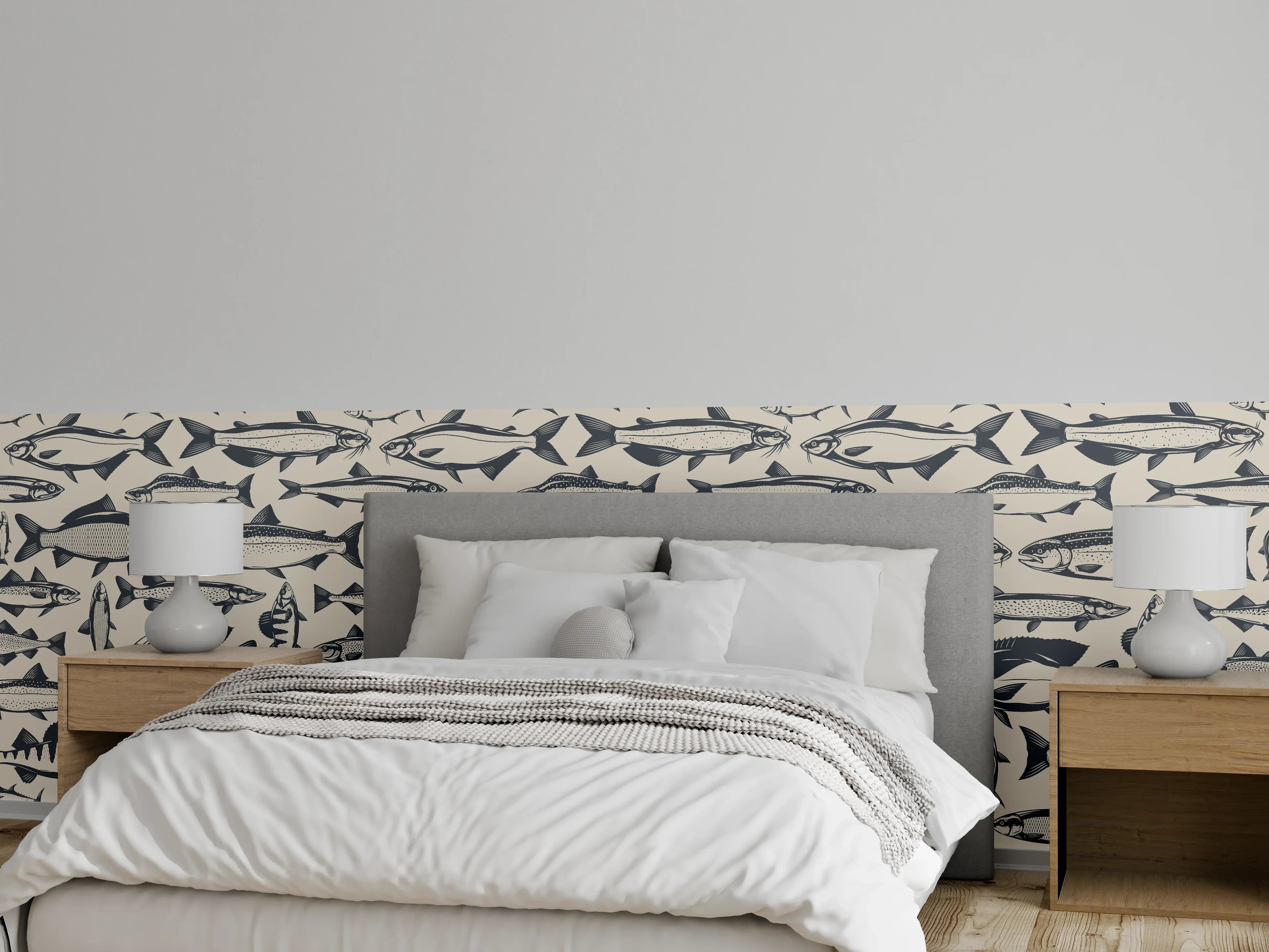 Wandverkleidung Schlafzimmer - Maritimes Fischmuster Beige-Blau