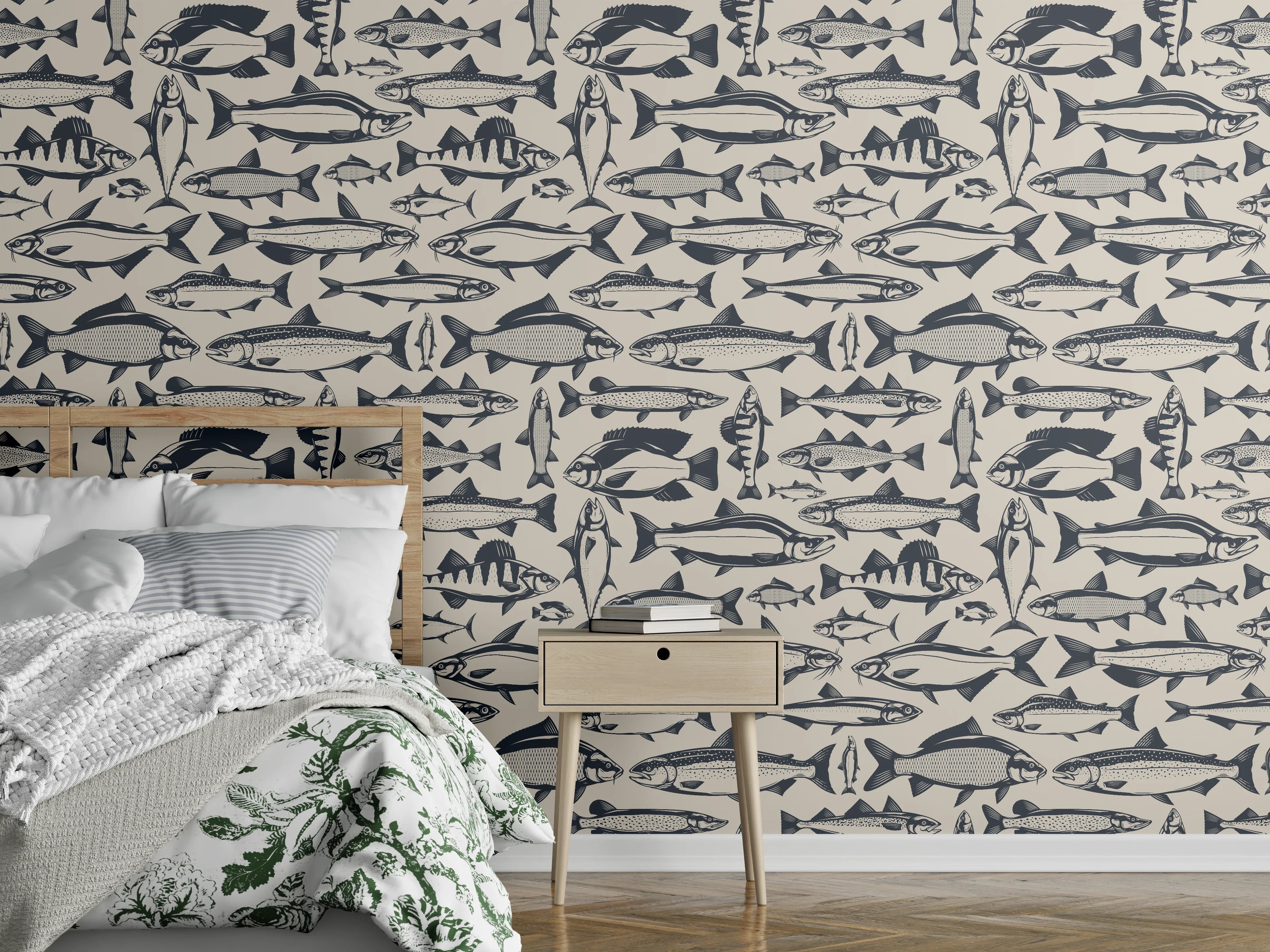 Wandverkleidung Schlafzimmer - Maritimes Fischmuster Beige-Blau