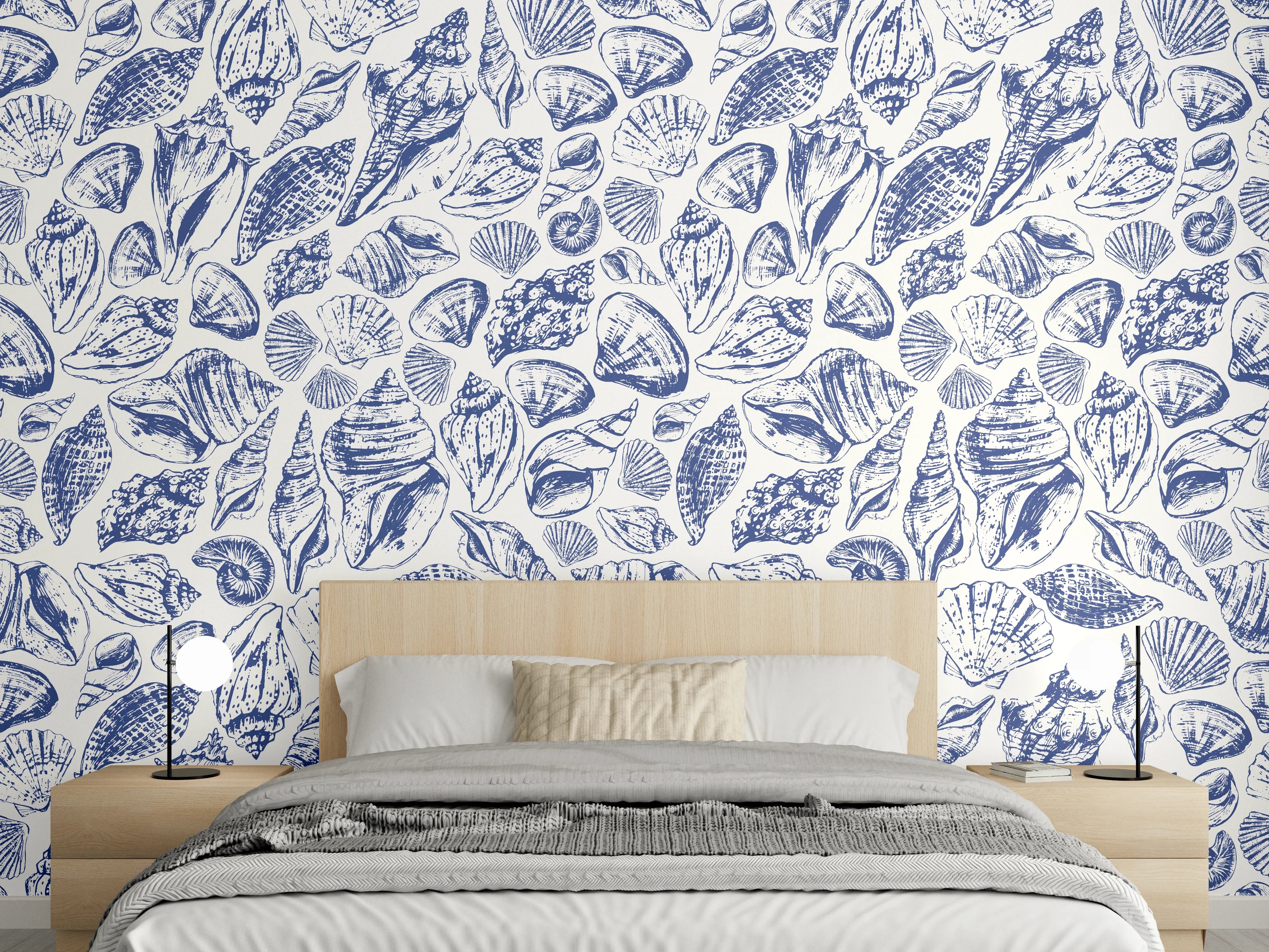 Wandverkleidung Schlafzimmer - Maritimes Muschelmuster Blau-Weiß